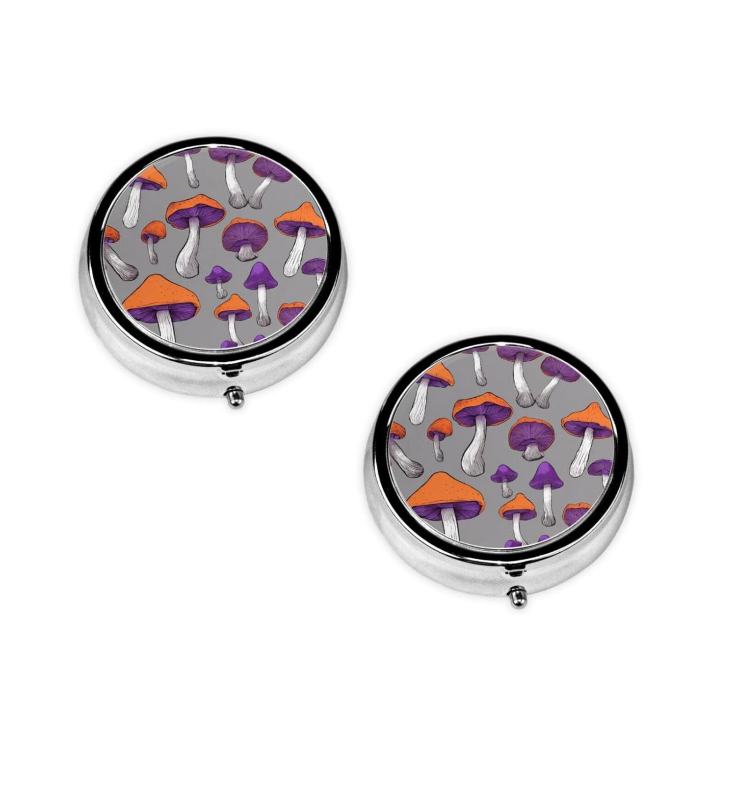 Bright Mushrooms Art Mini Round Pill Box | 3 Compartment Pill Organizer for Travel Home & Office - Buy Online on GoSupps.com