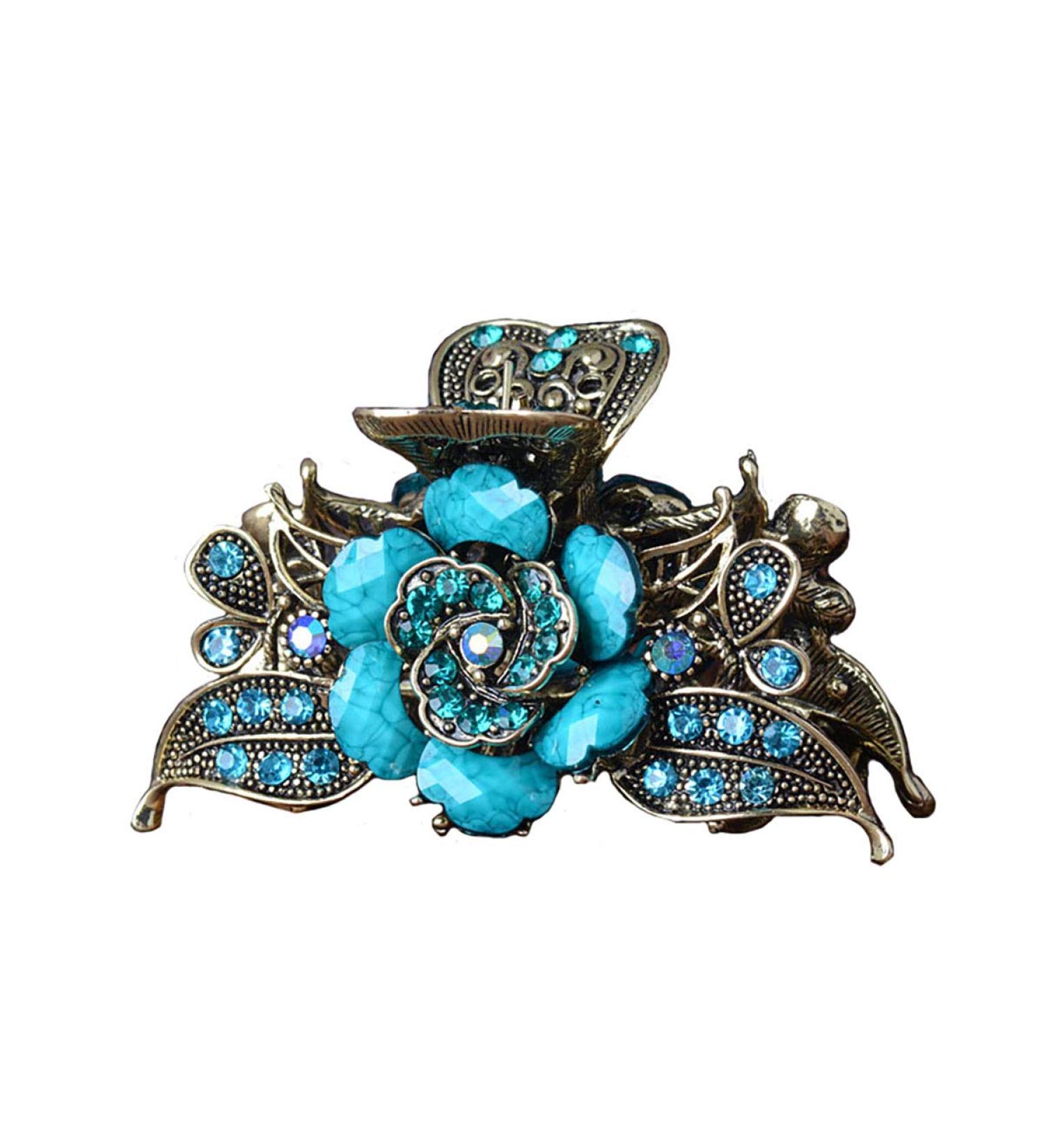 Retro Rose Flower Hair Claw with Turquoise Detail - Blue | Fashion Hair Clip Barrette for Women - Buy Online on GoSupps.com