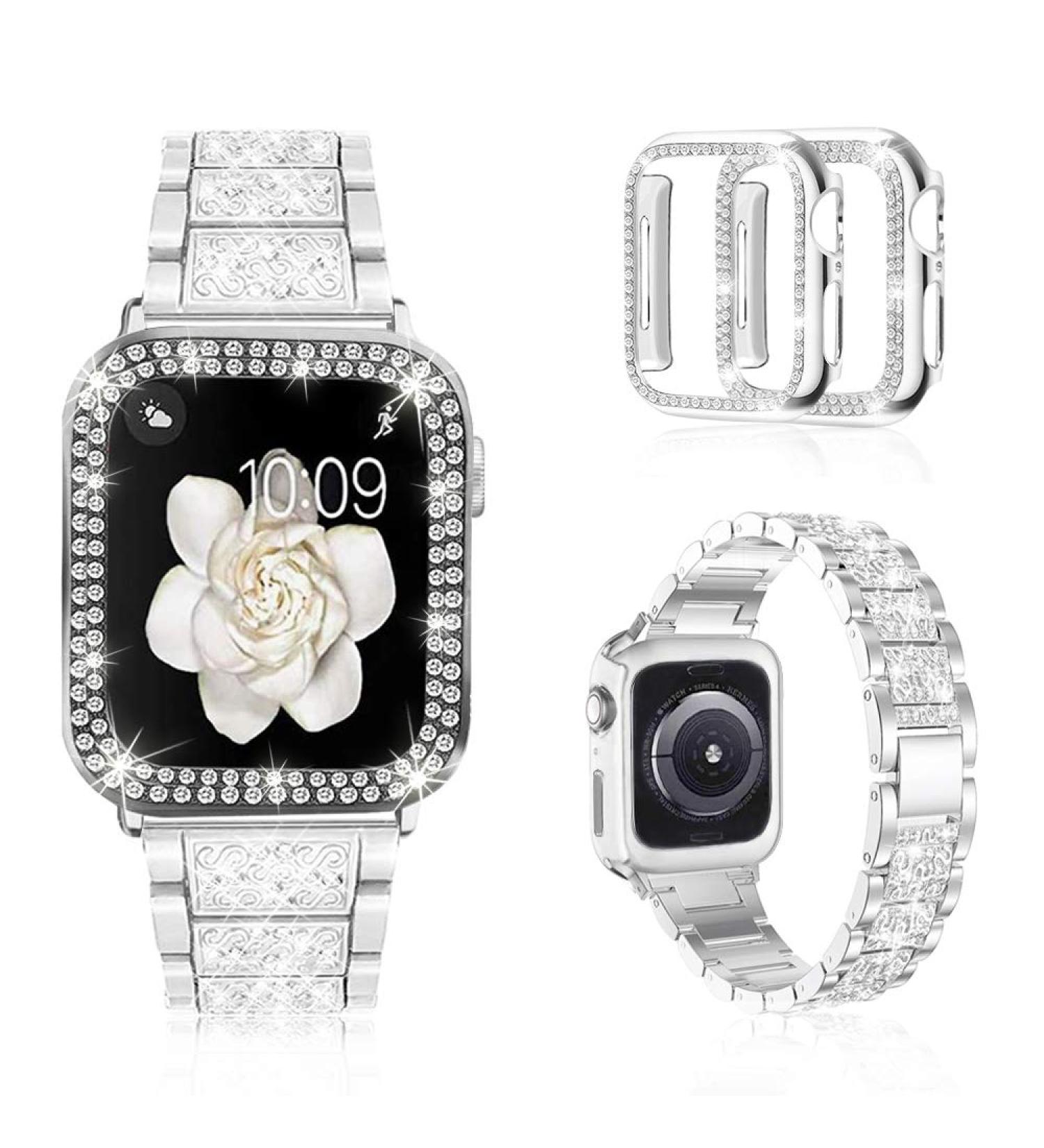 Women's Silver Apple Watch Band 44mm with Case | Metal Wristband Strap & Bling Protective Cover for iWatch Series 6/5/4 - Buy Online on GoSupps.com