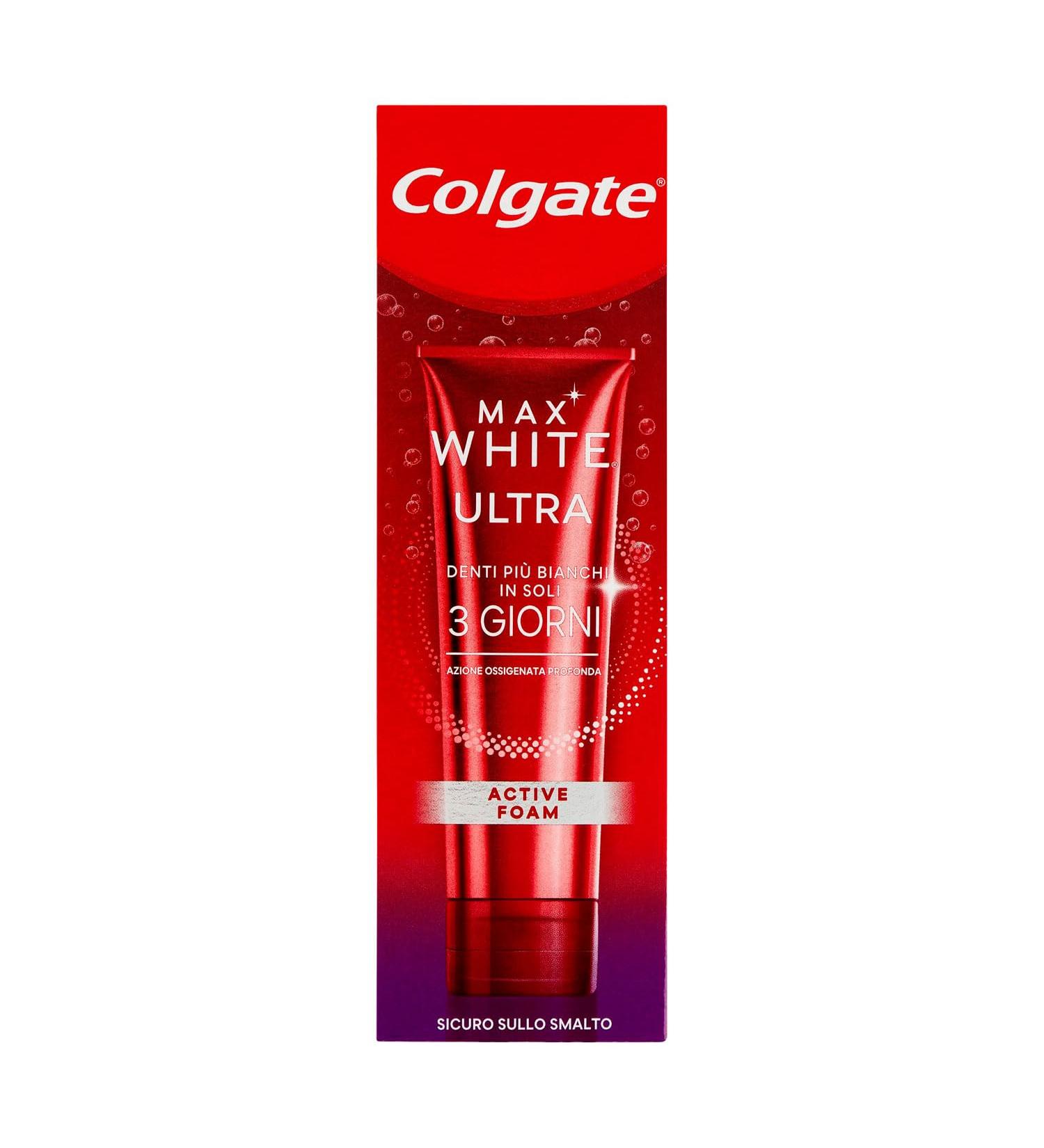 Colgate toothpaste bleaching agent Max White Ultra Active Foam whiter teeth in just 3 days oxygenated effect with deep absorption clinically tested 50 ml