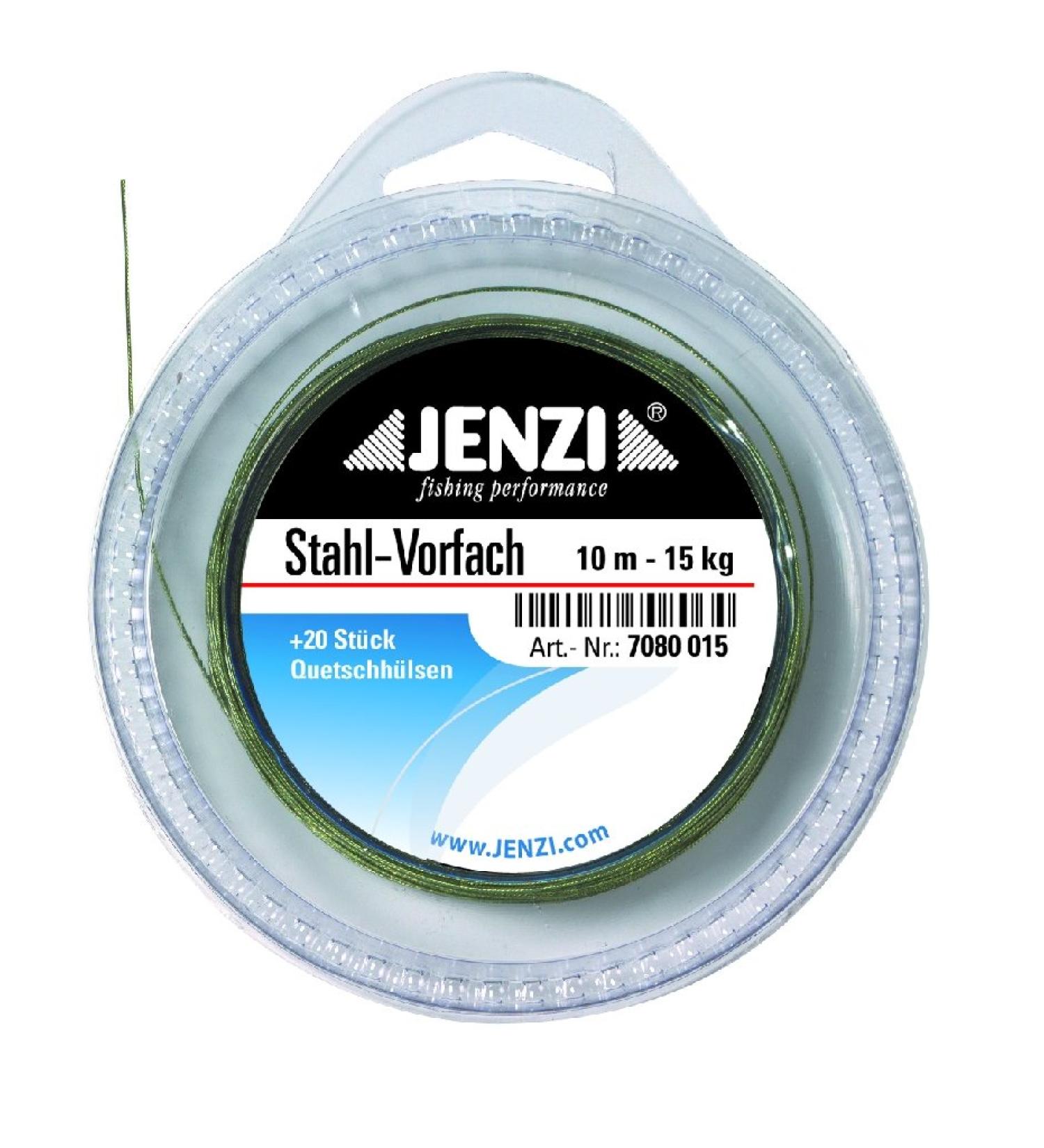 Jenzi steel leader on 10 m spool with 20 crimp sleeves. 15 kg. Load capacity