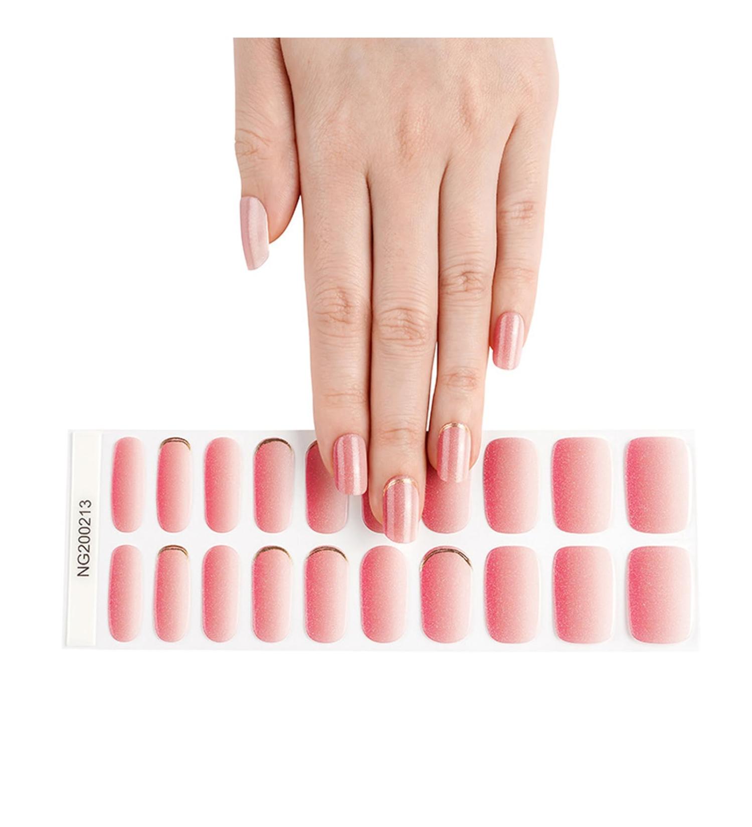 DMQ Semi Cured Gel Nails Strips - 20 Stickers Nail Wraps Soft Self - Adhesive Gel Nail Stickers Long Lasting for Nails French Tip Manicure Gel Nail Wraps - UV/LED Lamp Required Pink White Gradient Glitter - Buy Online on GoSupps.com