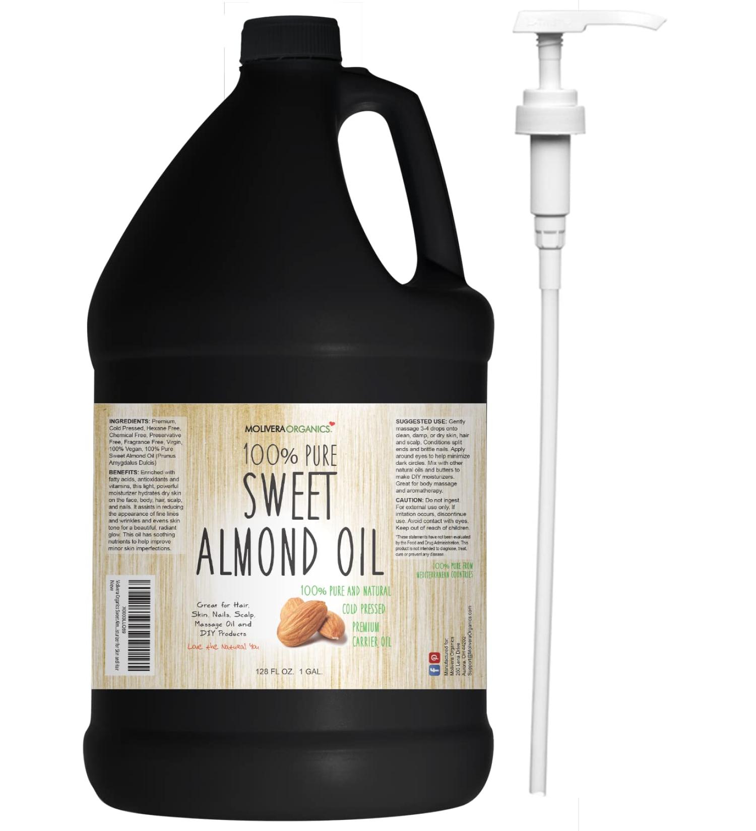 Molivera Organics Sweet Almond Oil 1 Gallon (128oz) - 100% Pure Cold Pressed Moisturizer for Skin and Hair - Buy Online on GoSupps.com