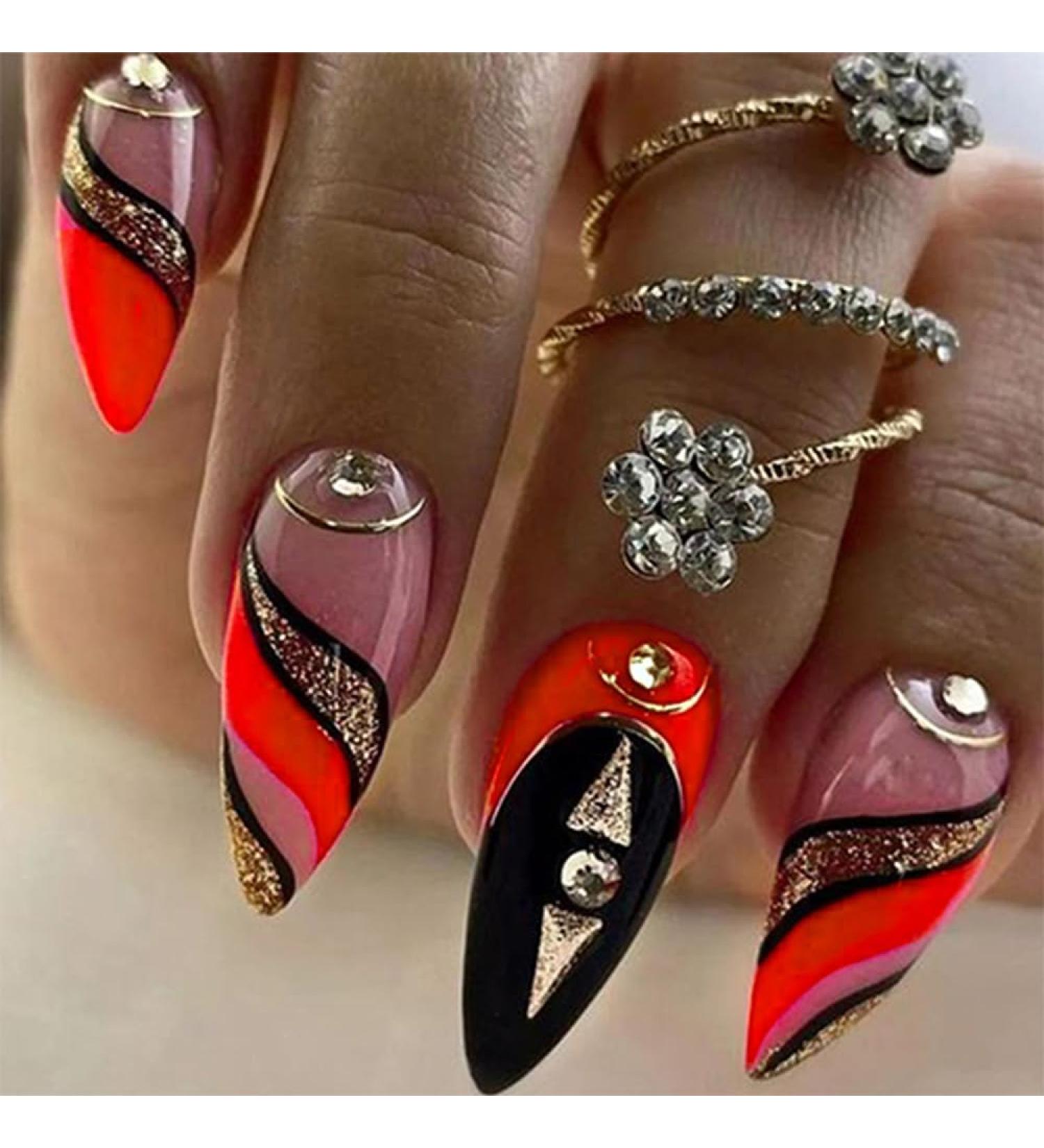 Shop Red Black Almond Press on Nails - Glitter Gold Striped Design | 24Pcs Medium Fake Nails for Weddings & Birthdays - DK68IP - Buy Online on GoSupps.com