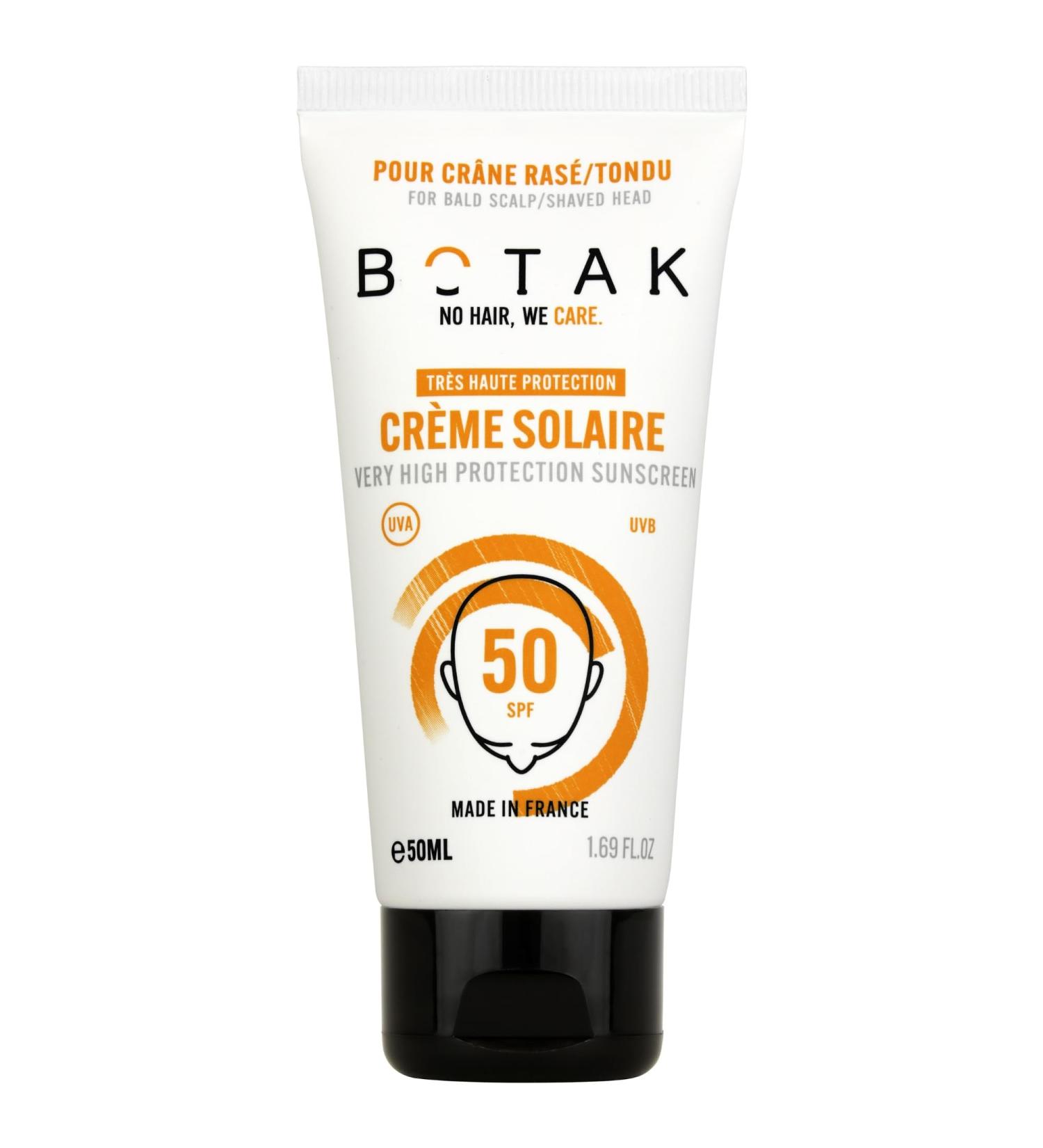 BOTAK Sunscreen SPF50 For Shaved/Shorn/Bald Head | Vegan French | Very High UV Protection | 0 white marks | Non-greasy | Waterproof | Anti-dryness | Regulates pH and microbiota | 50mL - Buy Online on GoSupps.com