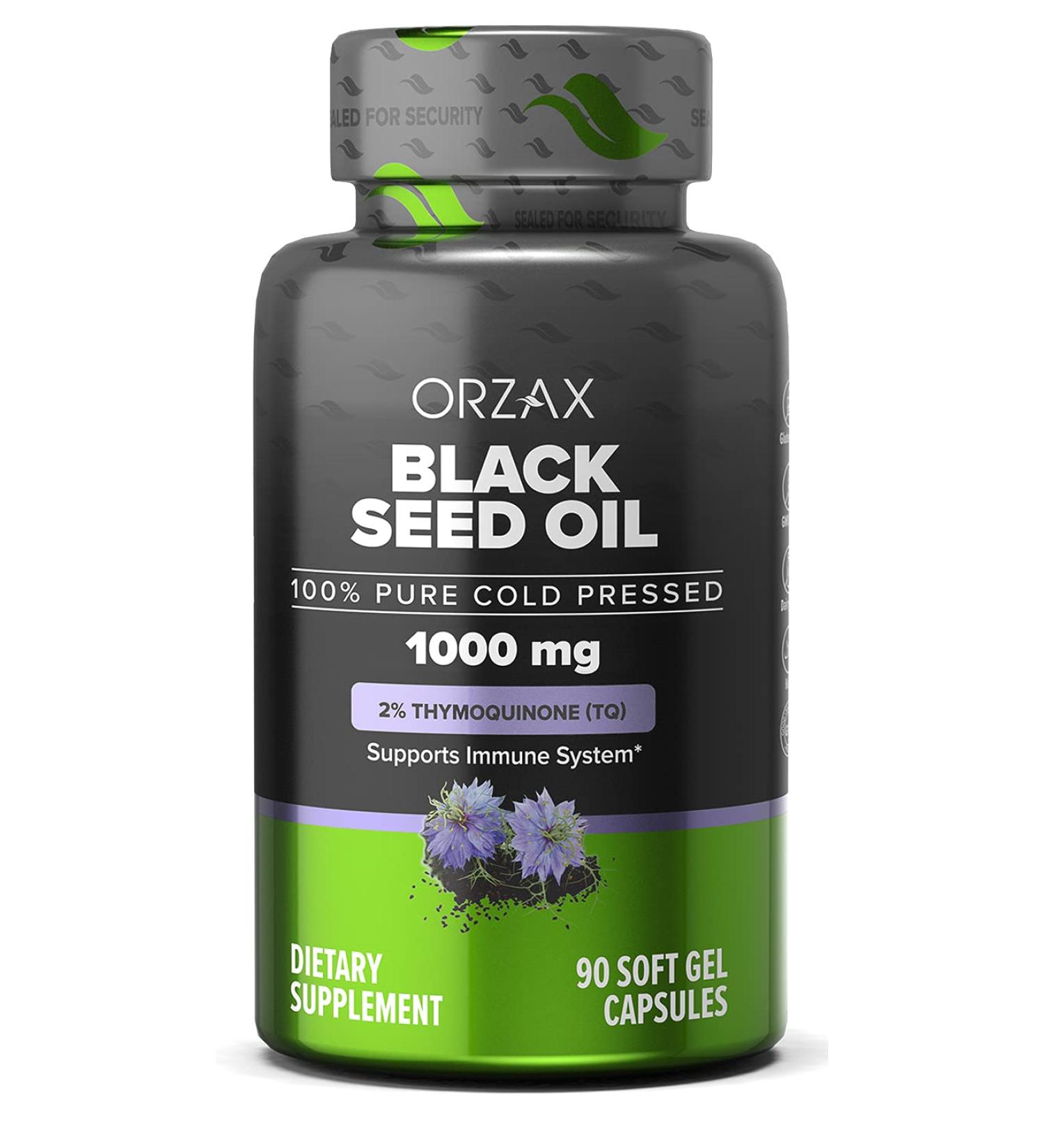 ORZAX Black Seed Oil Capsules - 90 Days Supply, 2% Thymoquinone, Non-GMO, Gluten Free - Cold Pressed Black Cumin Pills for Immune Support, Joint Health, Hair Growth & Skin - Nigella Sativa - Buy Online on GoSupps.com
