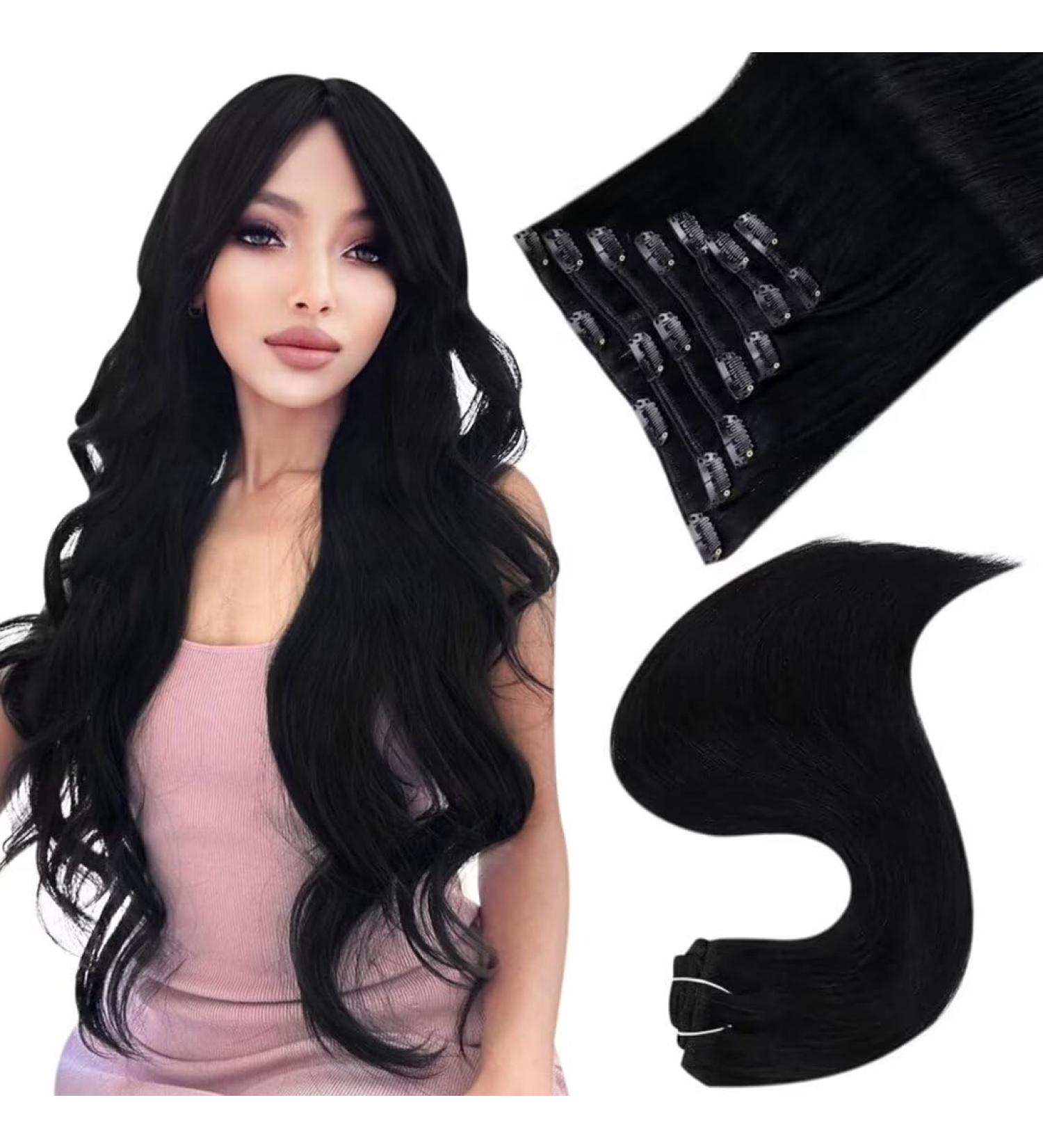 Easyouth Jet Black Clip in Hair Extensions 12 Inch - 70g 7Pcs Double Weft Real Human Hair Extensions - Buy Online on GoSupps.com