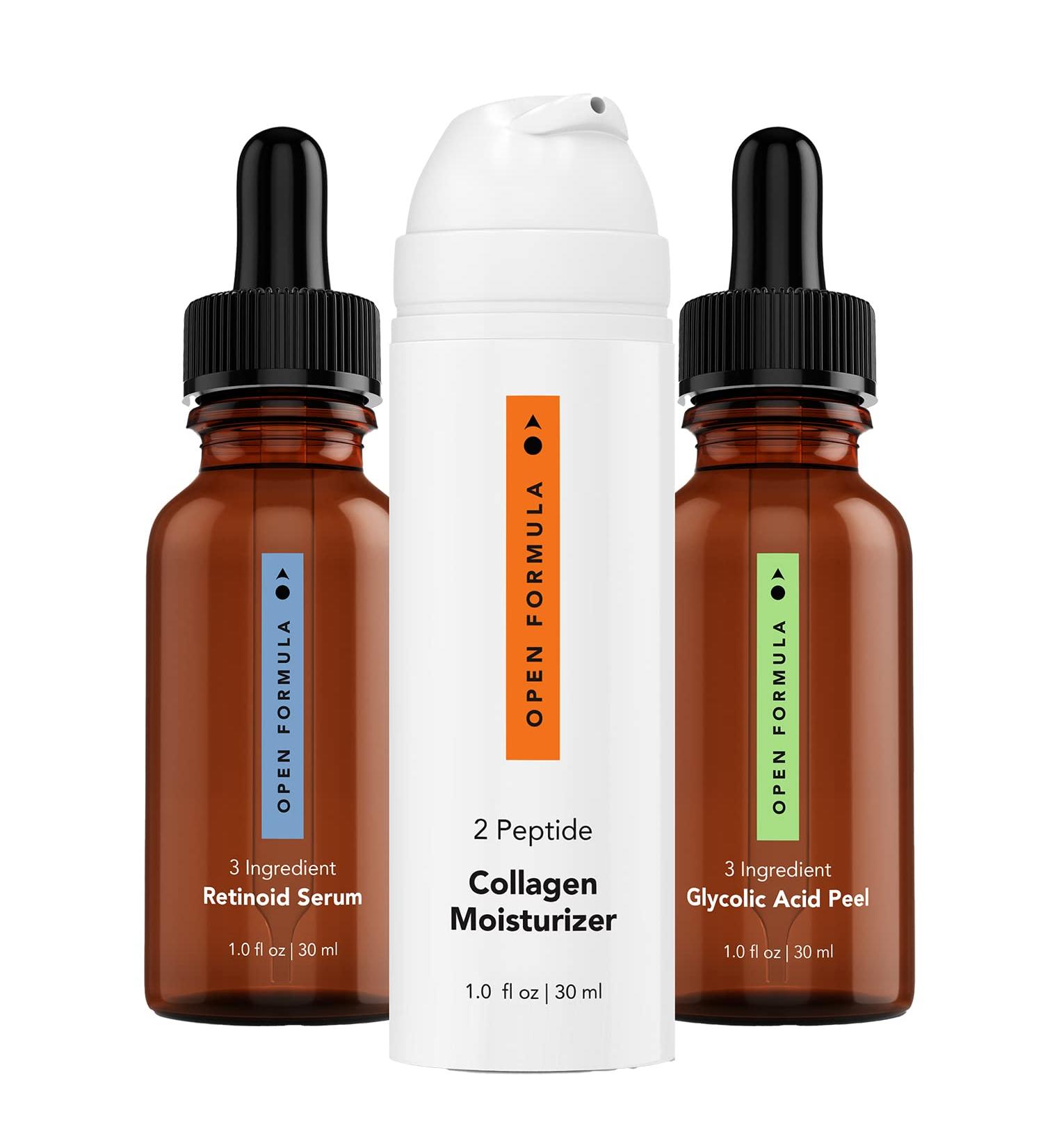 Anti-Aging Super Set: Glycolic Acid Peel Retinoid Serum & Collagen Peptide Moisturizer for Dark Spots Melasma Lines & Wrinkles - 3 Products in 3 Minutes - Buy Online on GoSupps.com