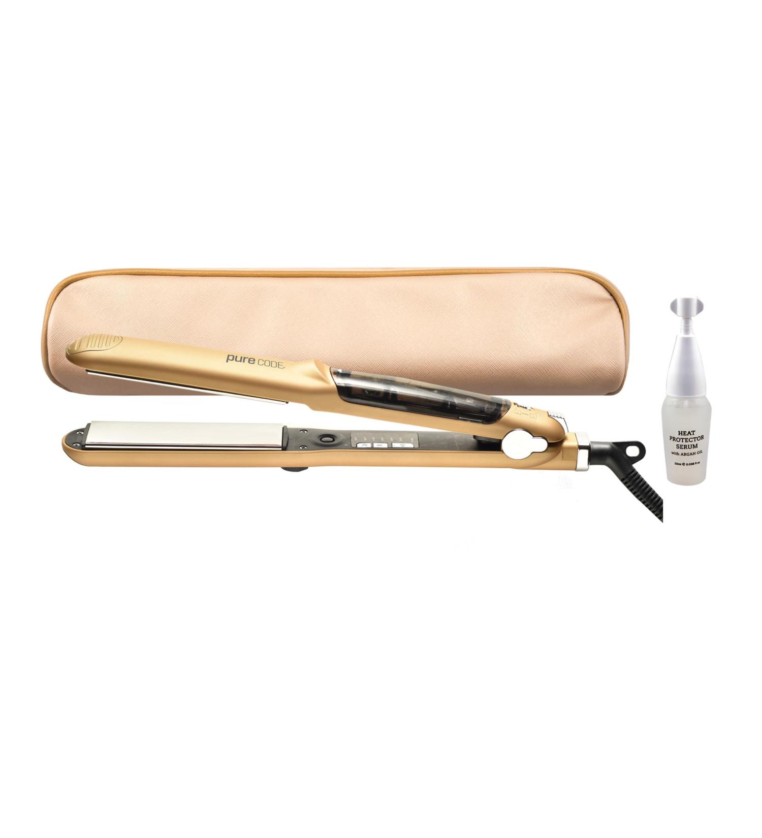 PURECODE Titanium Infuse Pro Vapor Flat Iron & Heat Protector Serum - 2 in 1 Hair Straightener & Curling Iron - Professional Gold Hair Styling Tool - Buy Online on GoSupps.com