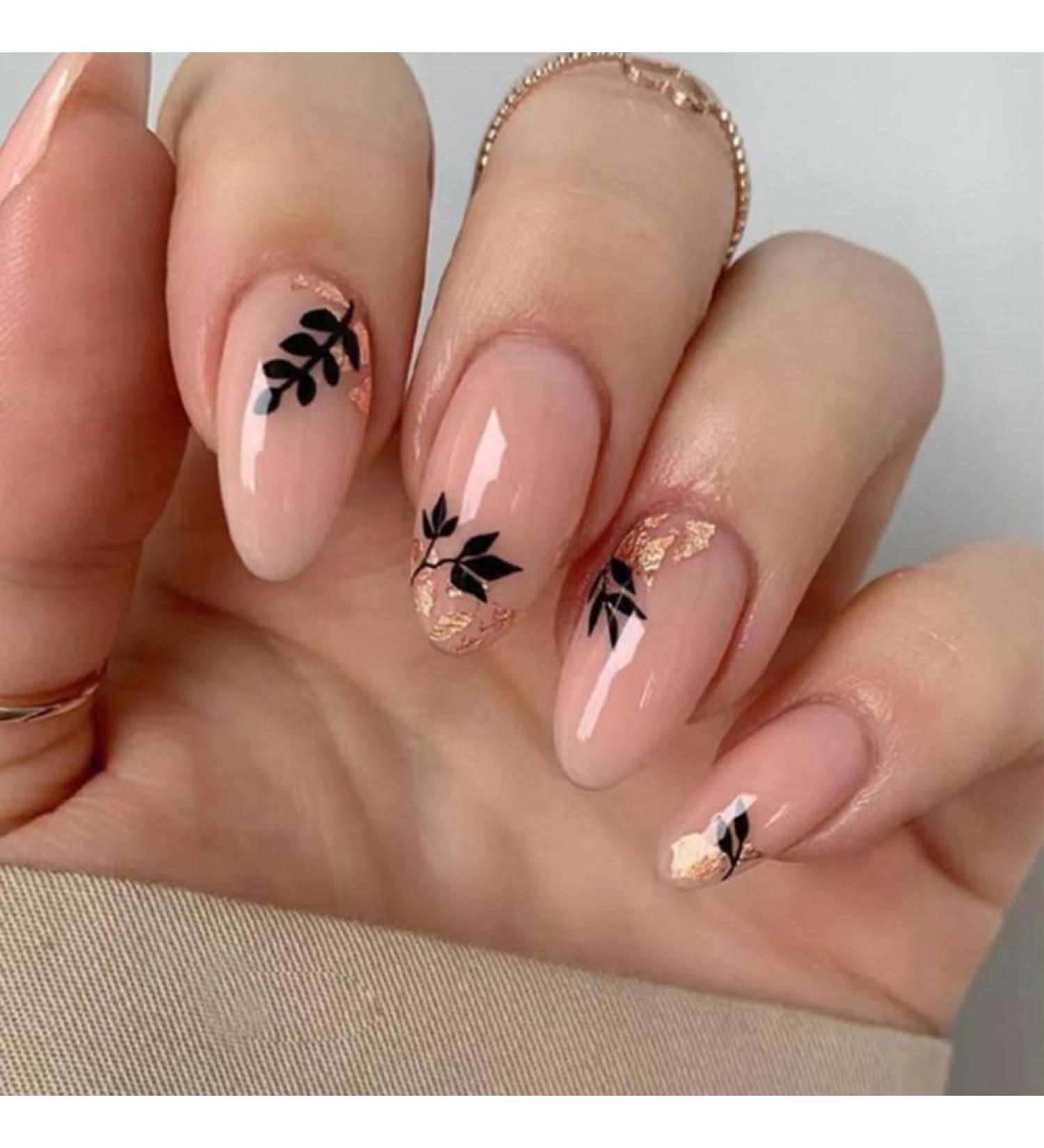 24PCS Almond Full Cover Acrylic Press on Nails with Glue Stickers - Dark Leaf Shadow French Fake Nails for Women and Girls - Buy Online on GoSupps.com