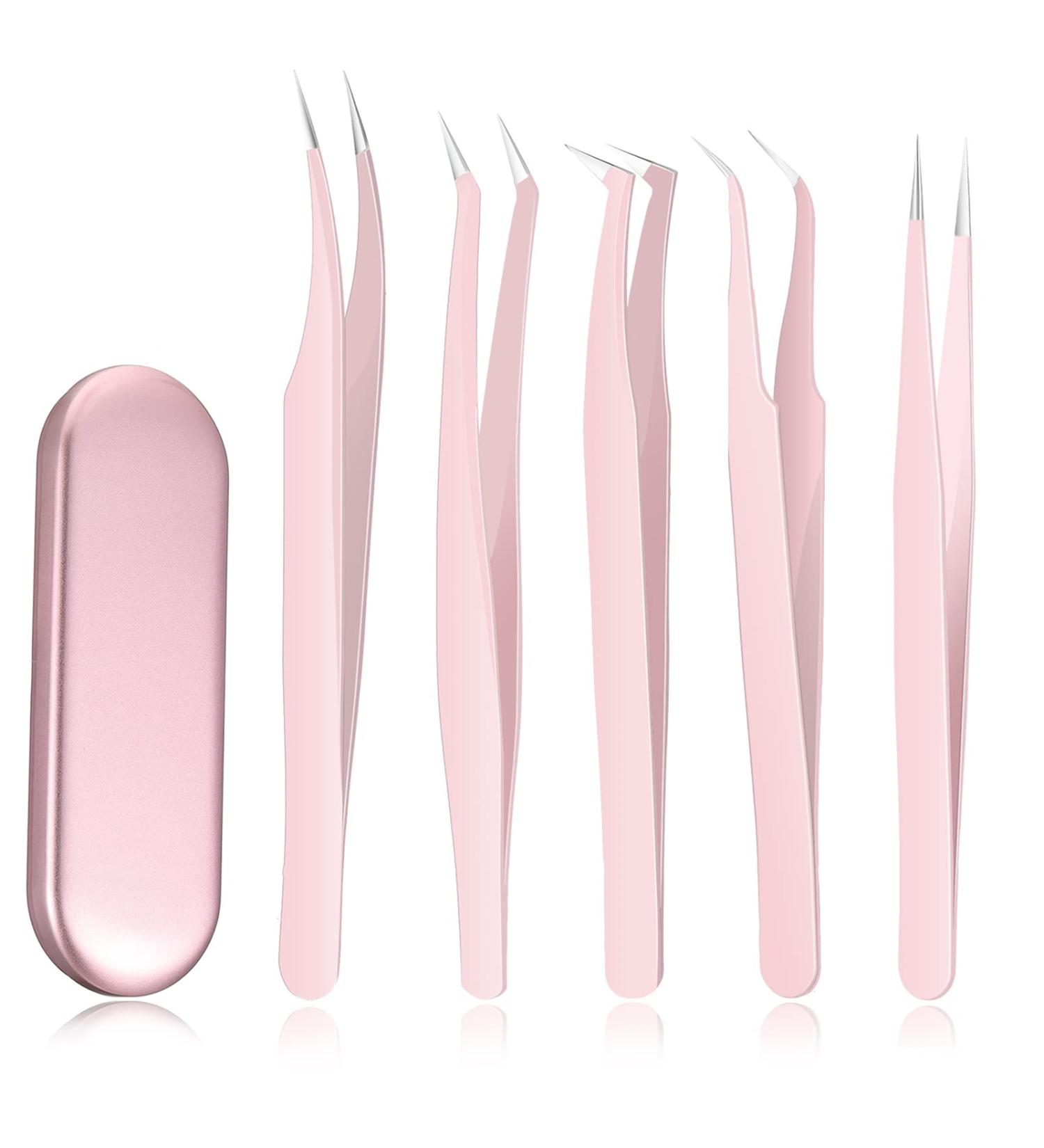 5 Pcs Eyelash Extension Tweezer Set with Box - Stainless Steel Lash Volume Tools for Skilled Lash Artists (Pink) - Buy Online on GoSupps.com