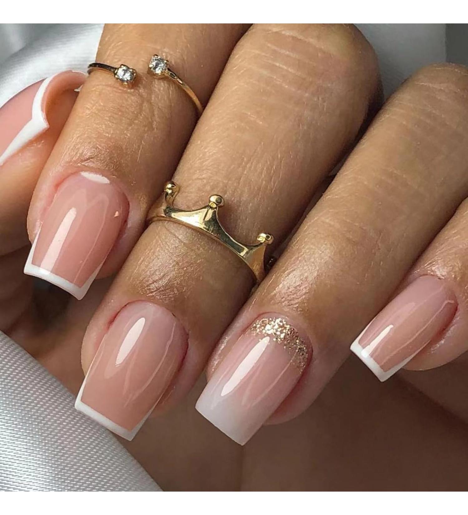 French Short gradient nail with white edge design glitter golden false nails press on nails Acrylic False Nails Cute Artificial Nails for women and girls - Buy Online on GoSupps.com