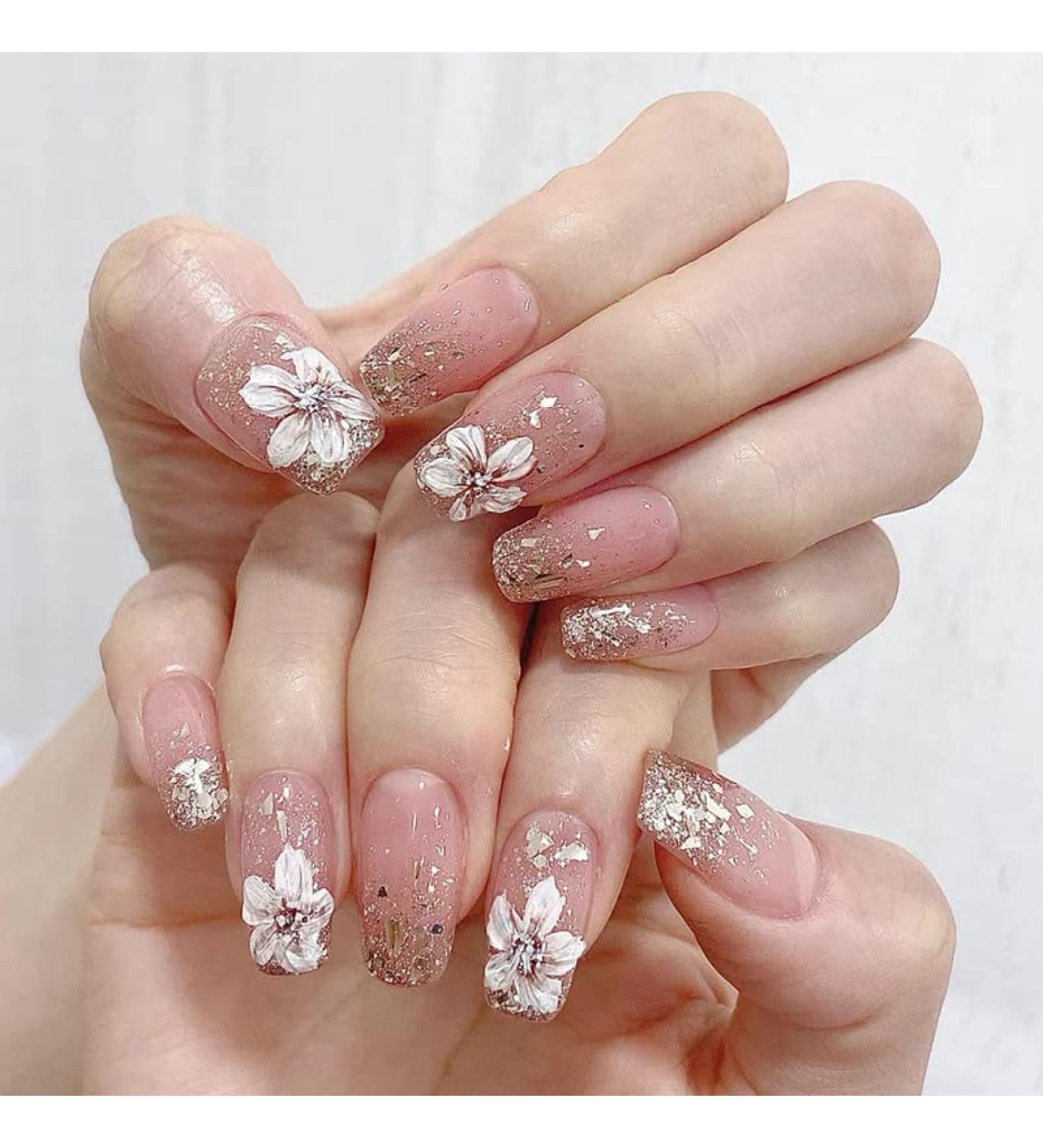 SINLOV Coffin French Camellia Flower False Nails Nude Long Medium Fake Nails Glossy Press on Nails Ballerina Acrylic Full Cover Fake Nails for Women and Girls - Buy Online on GoSupps.com