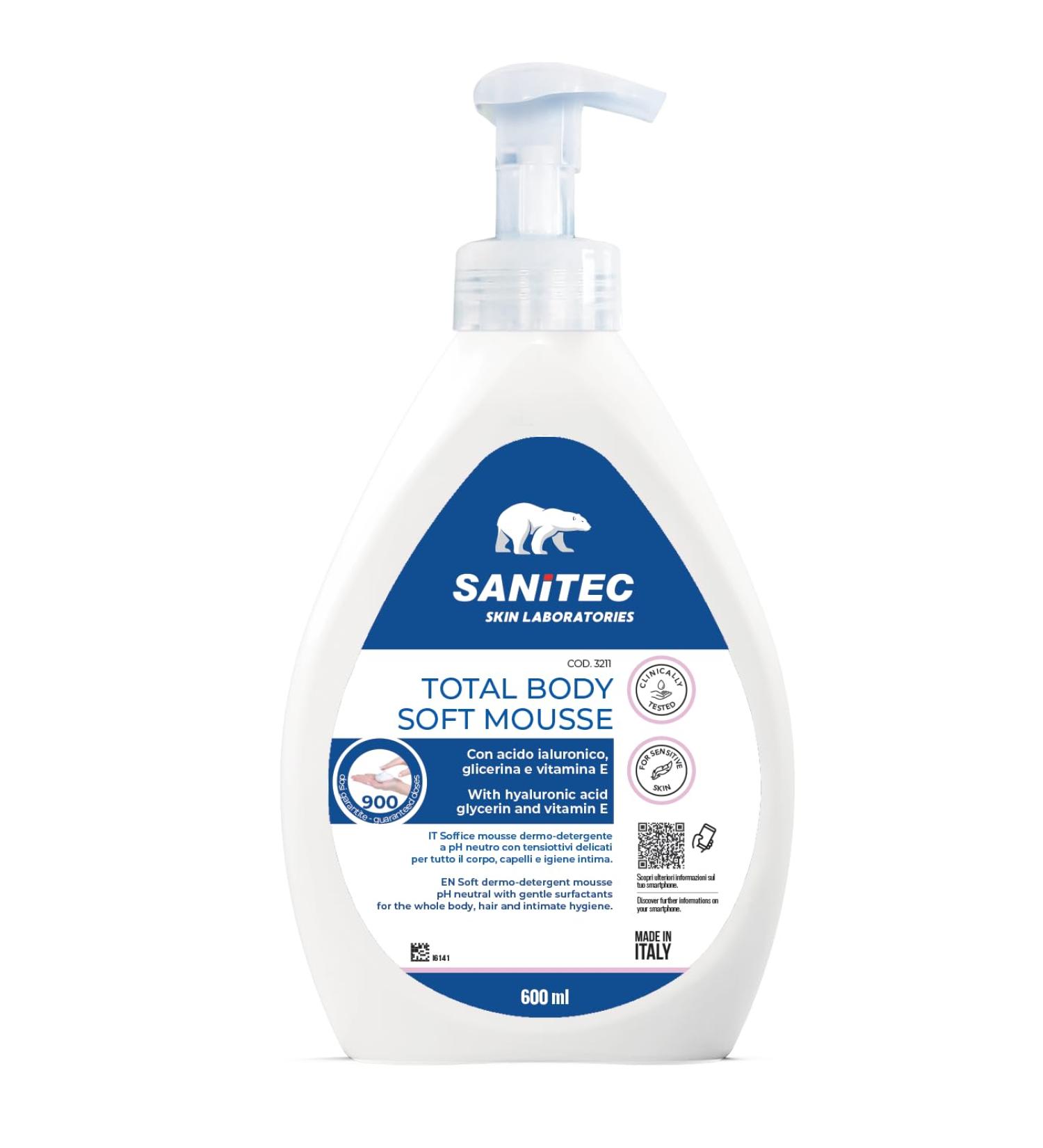 SANITEC igiene sicura Sanitec Total Body Soft Mousse: Neutral cleansing mousse for body hair and intimate hygiene enriched with hyaluronic acid glycerin vitamin E and panthenol 600 ml