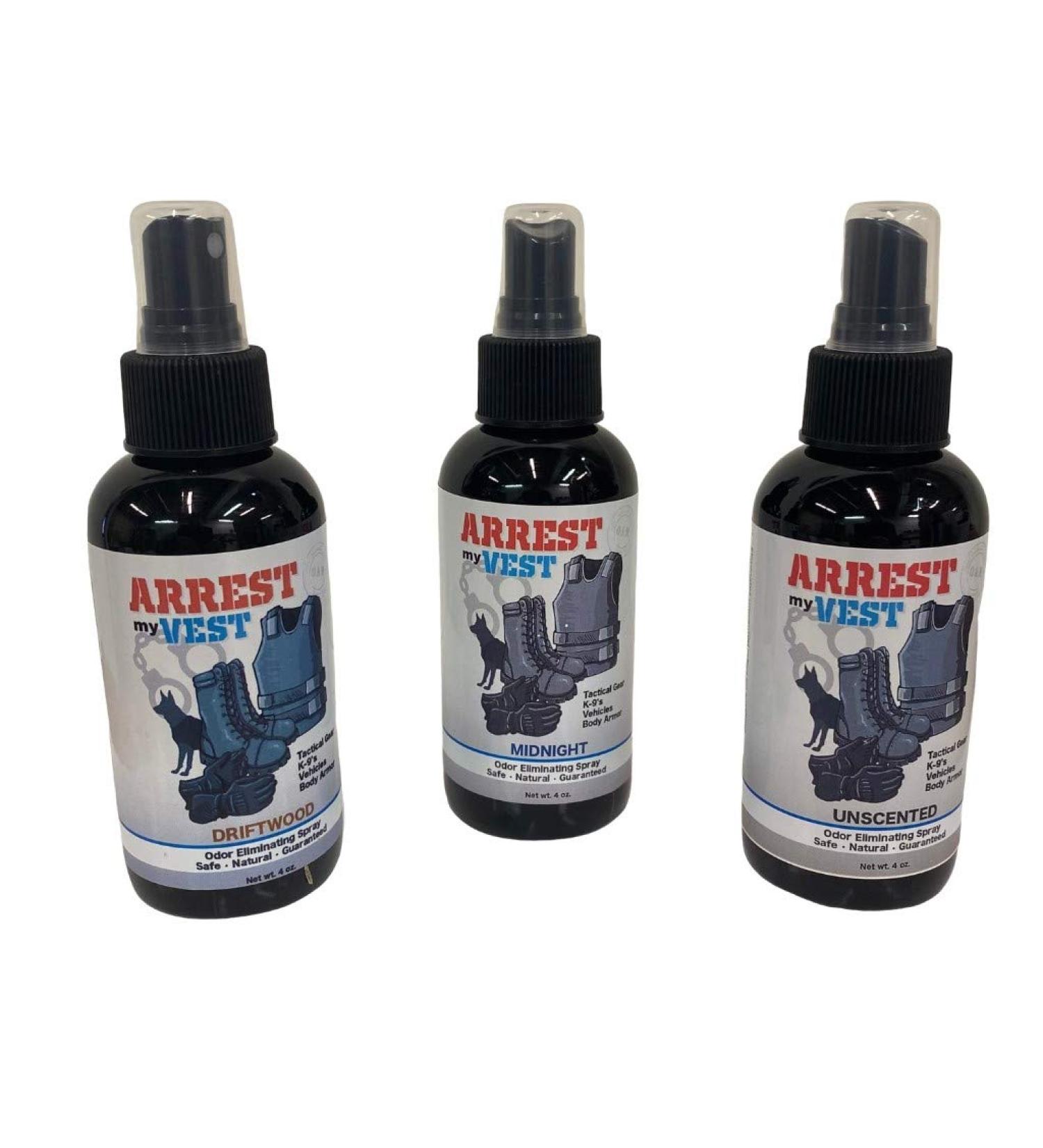 Arrest My Vest Military & Police Grade Odor Eliminating Spray | Triple Pack - 1 Unscented, 1 Midnight, 1 Driftwood | Safe on K9s - Buy Online on GoSupps.com