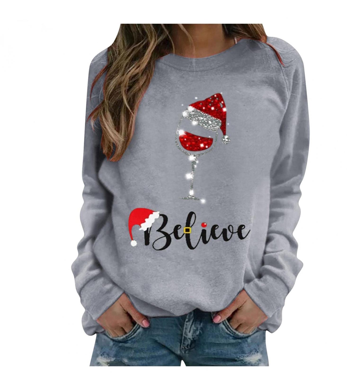 Kiasebu Fall Sweatshirt for Women - Long Sleeve Wine Bottle Print Pullover Sweater, X-Large Grey - Buy Online on GoSupps.com