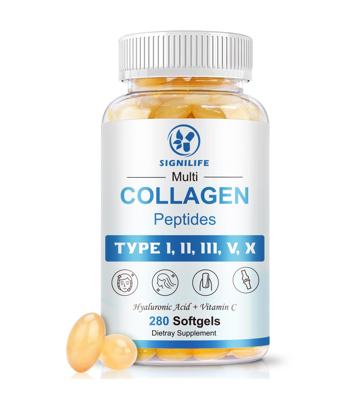 Multi Collagen Peptides for Women & Men, Hydrolyzed Collagen Peptides-Type I, II, III, V, X - with Hyaluronic Acid,Vitamin C,Biotin,Supports Skin Hair Nail, Non-GMO, 280 Softgels 280 Count (Pack of 1) - Buy Online on GoSupps.com