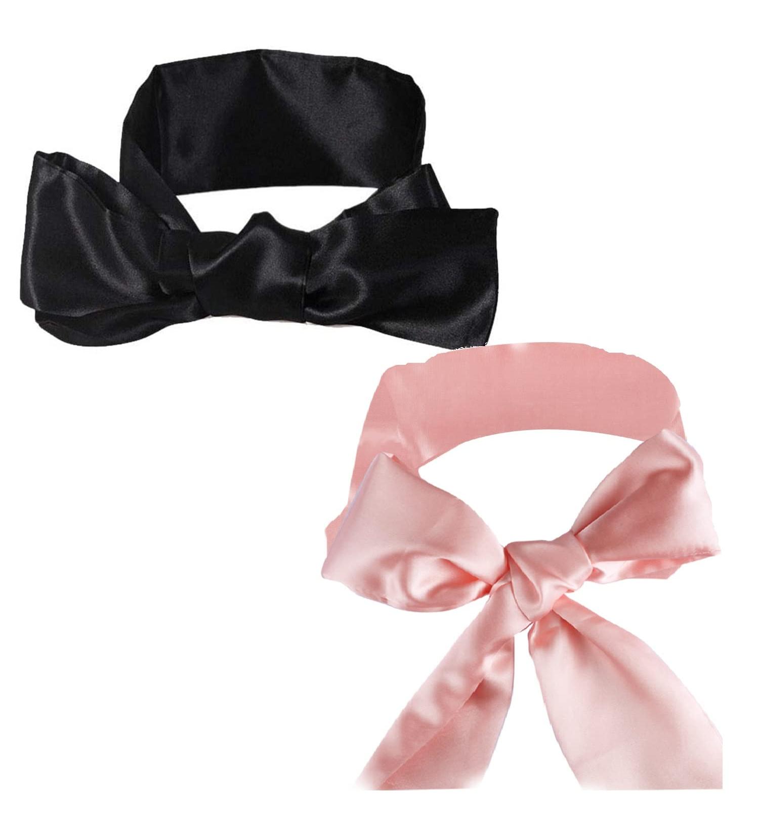 Satin Eye Mask Set - 2Pcs 62inch Adjustable Blindfolds for Travel, Nap, Meditation - Black+Pink - Buy Online on GoSupps.com