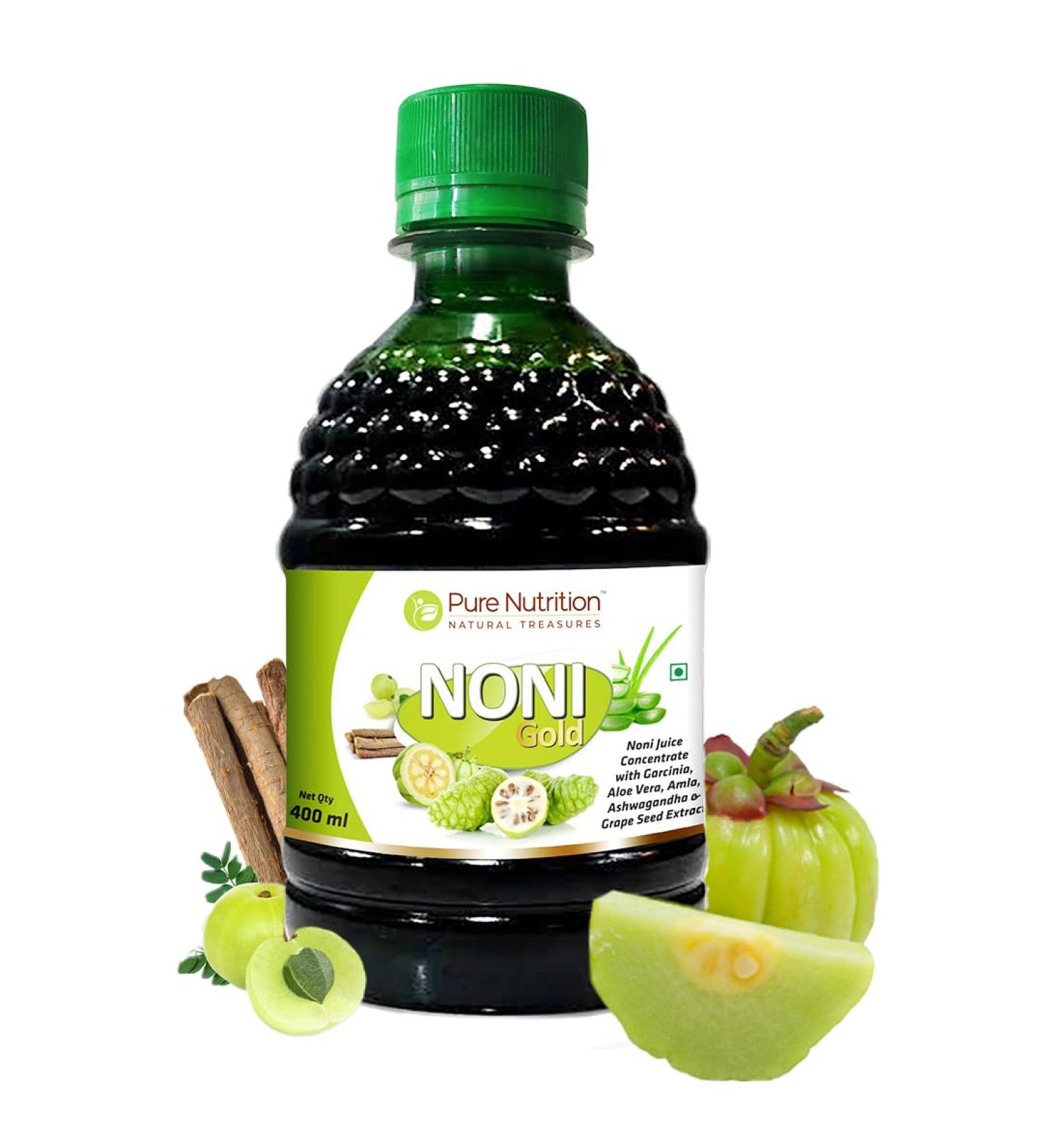 Pure Nutrition Noni Gold Juice Concentrate with Garcinia, Aloe Vera, Amla, Ashwagandha & Grape Seed Extract 400ml - Buy Online on GoSupps.com