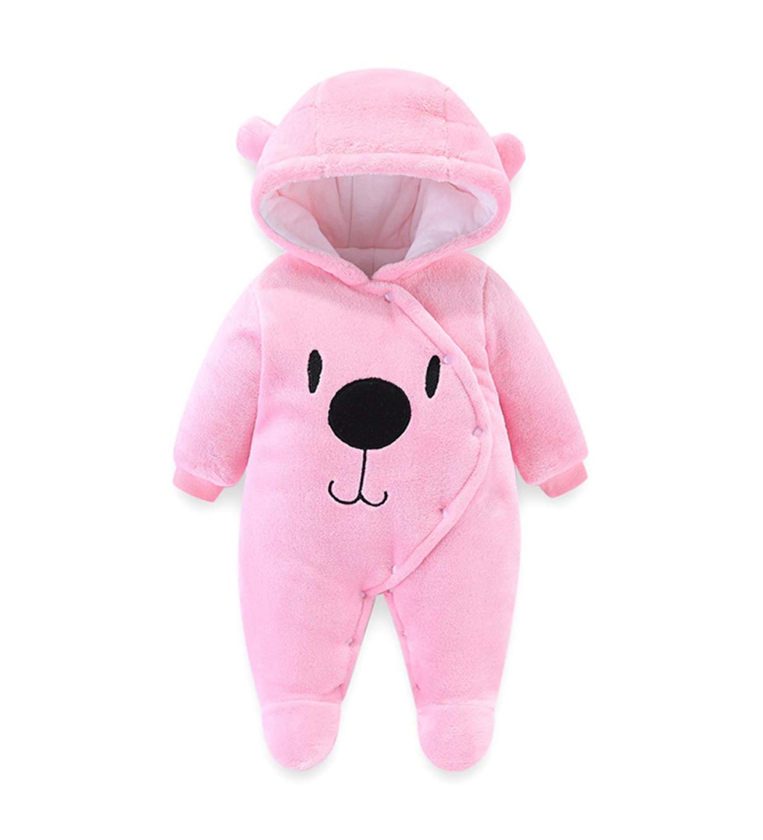 Voopptaw Warm Baby Winter Jumpsuit | Fleece Romper Suit for 0-12 Months | Cute Thick Bear Snowsuit in Pink | 0-3 Months - Buy Online on GoSupps.com