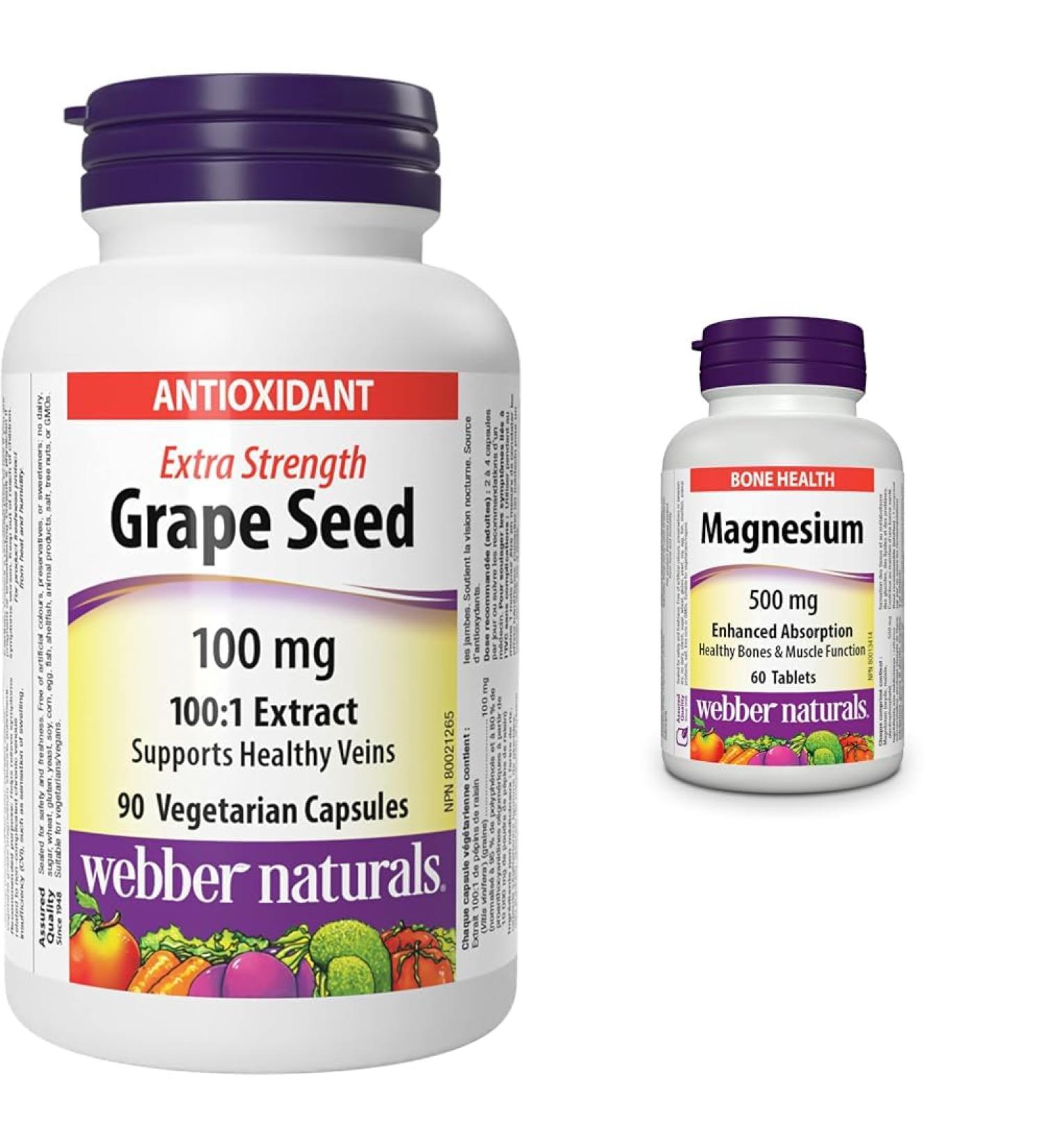 Webber Naturals Grape Seed 100 mg Extra Strength 90 Capsules Antioxidant Support Vegan & Magnesium 500 mg 60 Tablets Enhanced Absorption Mineral Supports Bone and Muscle Functions Vegan Seed + Magnesium 500 mg - Buy Online on GoSupps.com