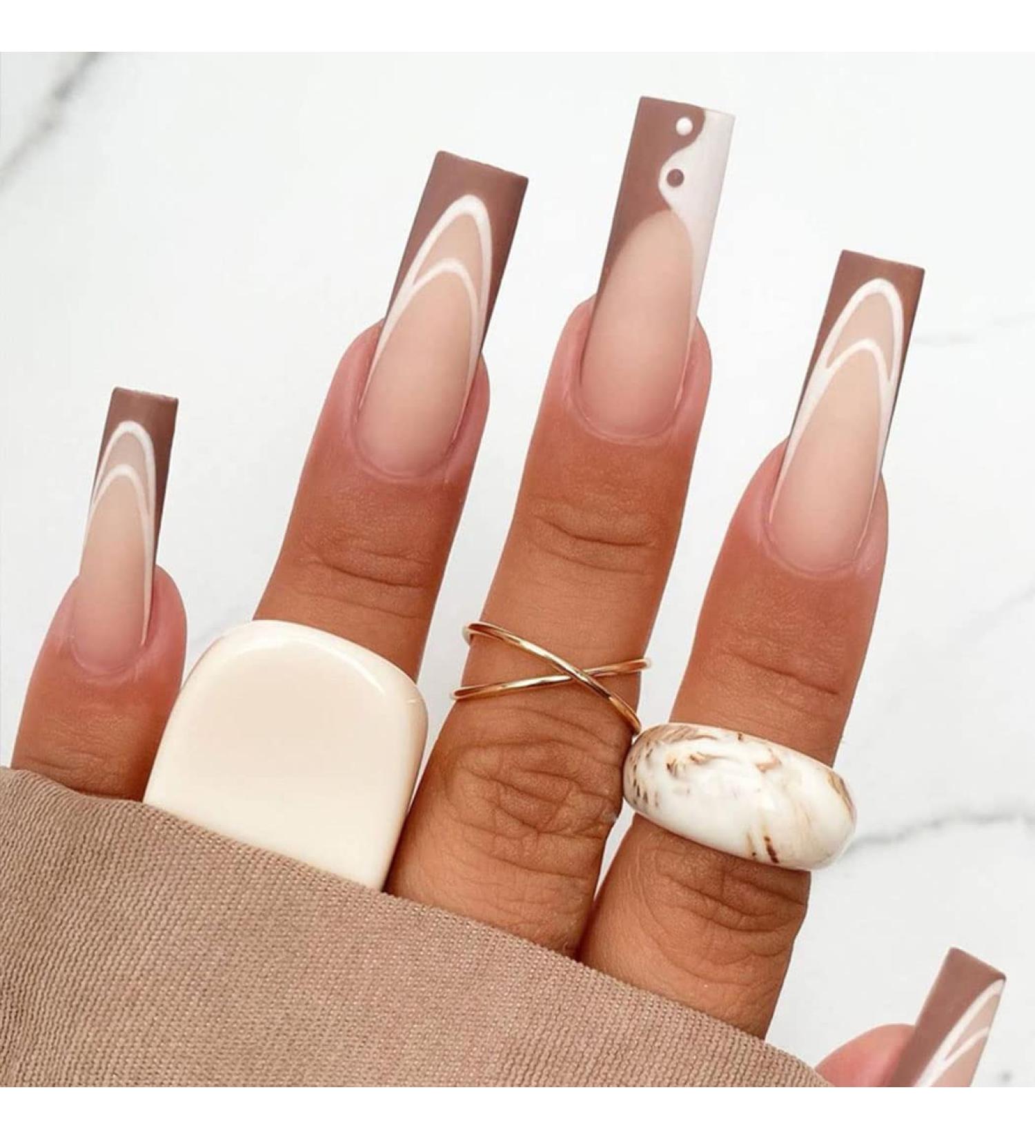 Vatocu Coffin Tai Chi False Nails - Long Brown French Matte Press-On Ballerina Acrylics for Women & Girls (24 Pieces) - Buy Online on GoSupps.com