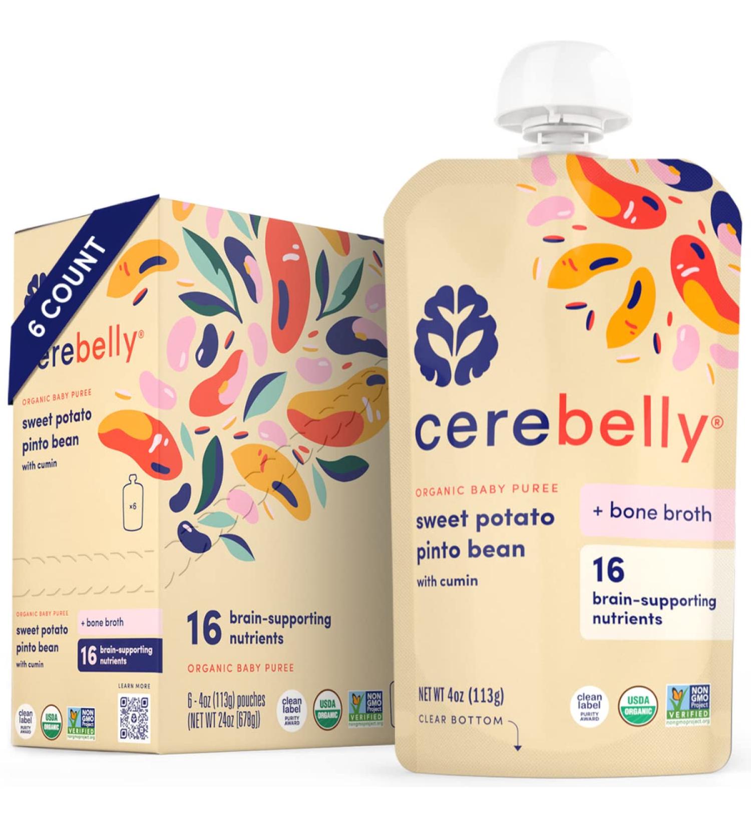 Cerebelly Baby Food Pouches - Sweet Potato Pinto Bean + Chicken Bone Broth (6 Count) - Healthy Kids Snacks - 16 Brain-Supporting Nutrients - No Added Sugar - Veggie Purees - Buy Online on GoSupps.com