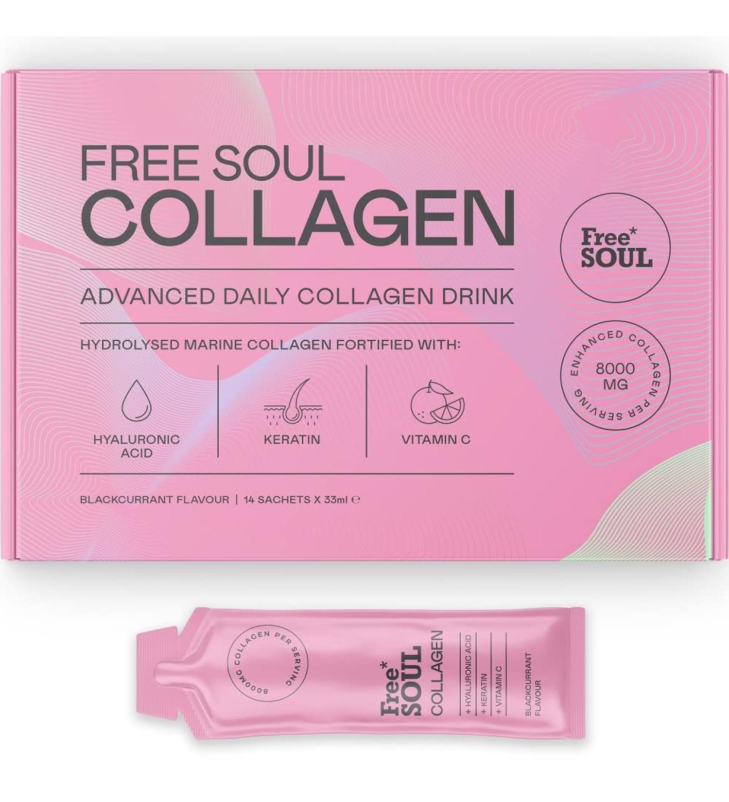 Marine Collagen Liquid 8000mg with Hyaluronic Acid, Keratin, Vitamin C | 14 Sachets | Hydrolysed Peptides | Higher Absorption | Free Soul - Buy Online on GoSupps.com
