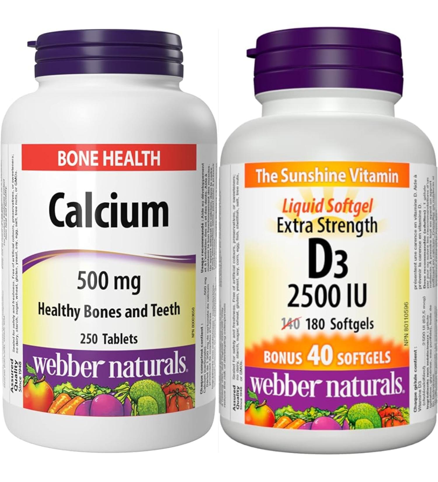 Webber Naturals Calcium Carbonate 250 Tablets Helps Support Bones and Teeth & Vitamin D3 2500 IU Extra Strength 180 Softgels For Healthy Bones Teeth and Helps Prevent Vitamin D Deficiency Calcium Carbonate + VITAMIN 3818 - Buy Online on GoSupps.com