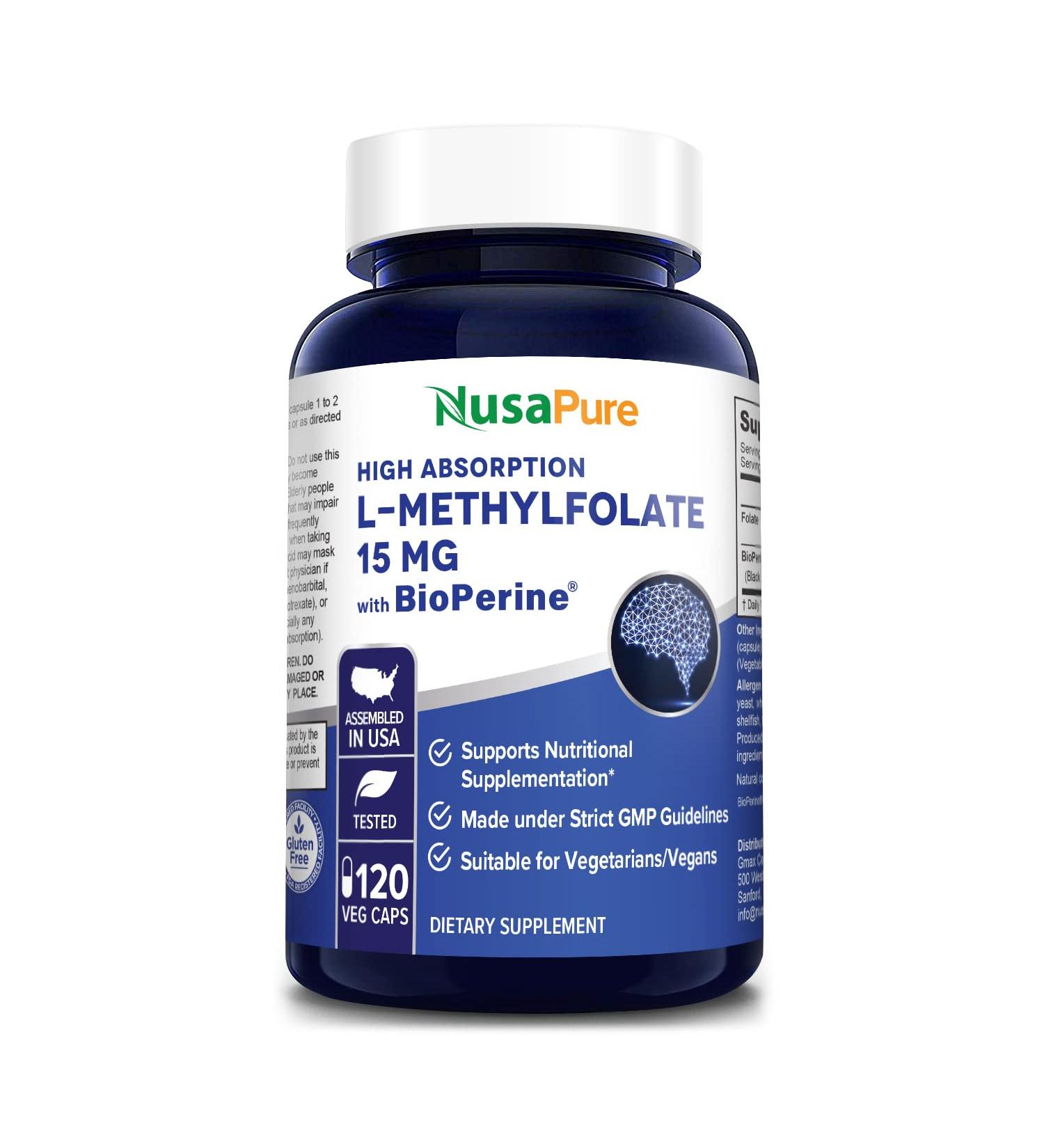 NusaPure L-Methylfolate 15mg with Bioperine | 120 Veggie Capsules - Buy Online on GoSupps.com
