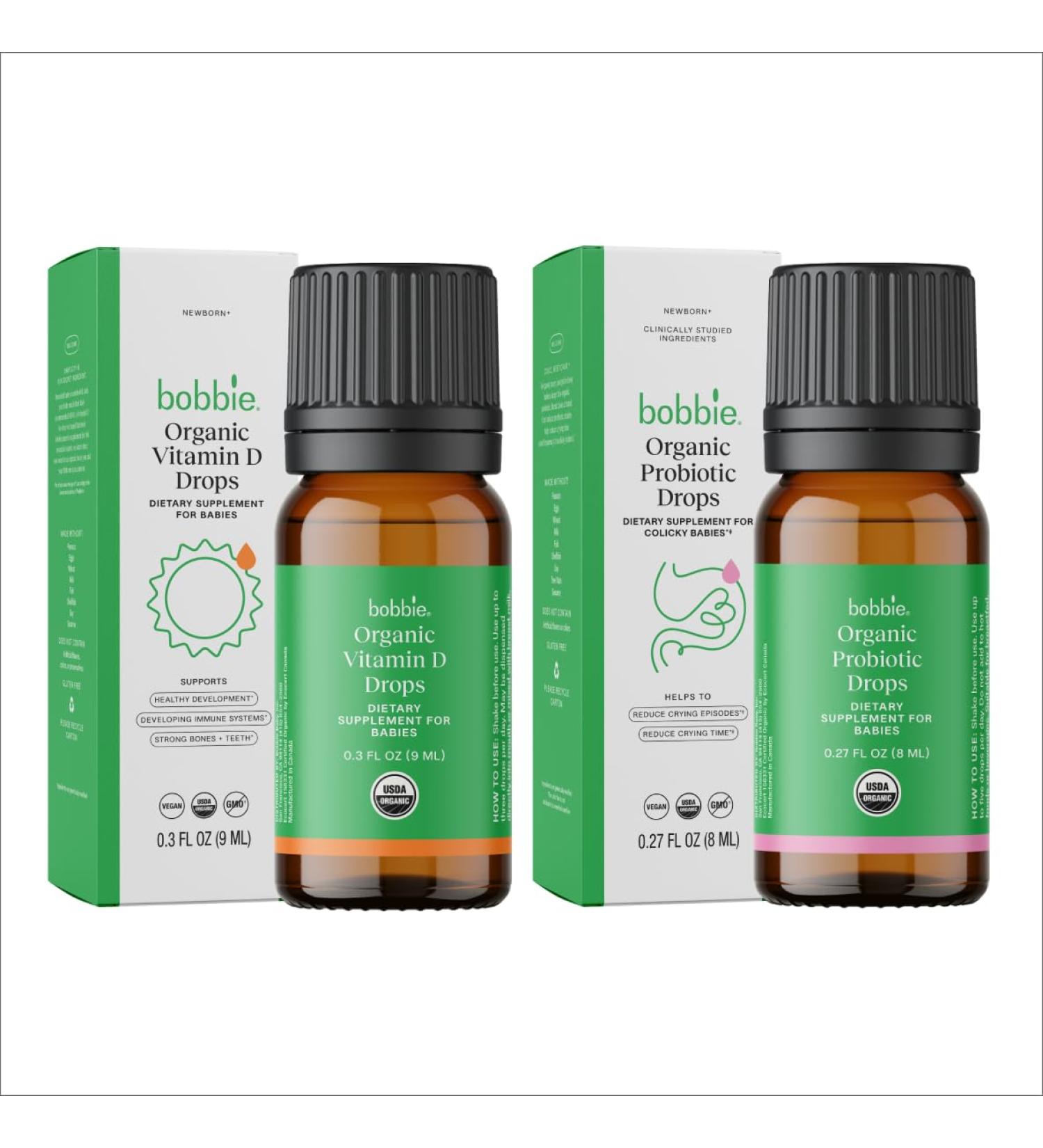 Bobbie Organic Baby Vitamin D and Probiotic Drops Bundle, Daily Liquid Supplements for Immune, Teeth, Bone and Digestive Health Support in Newborn Babies and Infants, Vegan, Infant-Friendly Formula - Buy Online on GoSupps.com