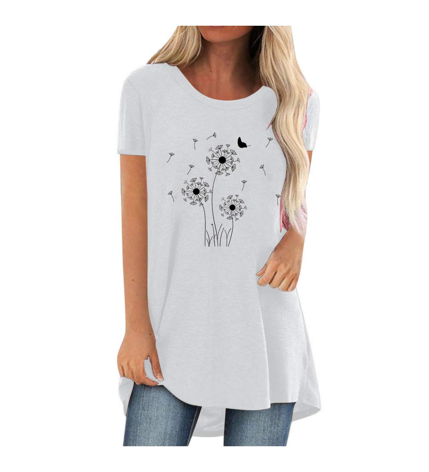 Dandelion Print Sequin Top - Women's Loose Short Sleeve Shirt in Stylish Solid Color - Buy Online on GoSupps.com