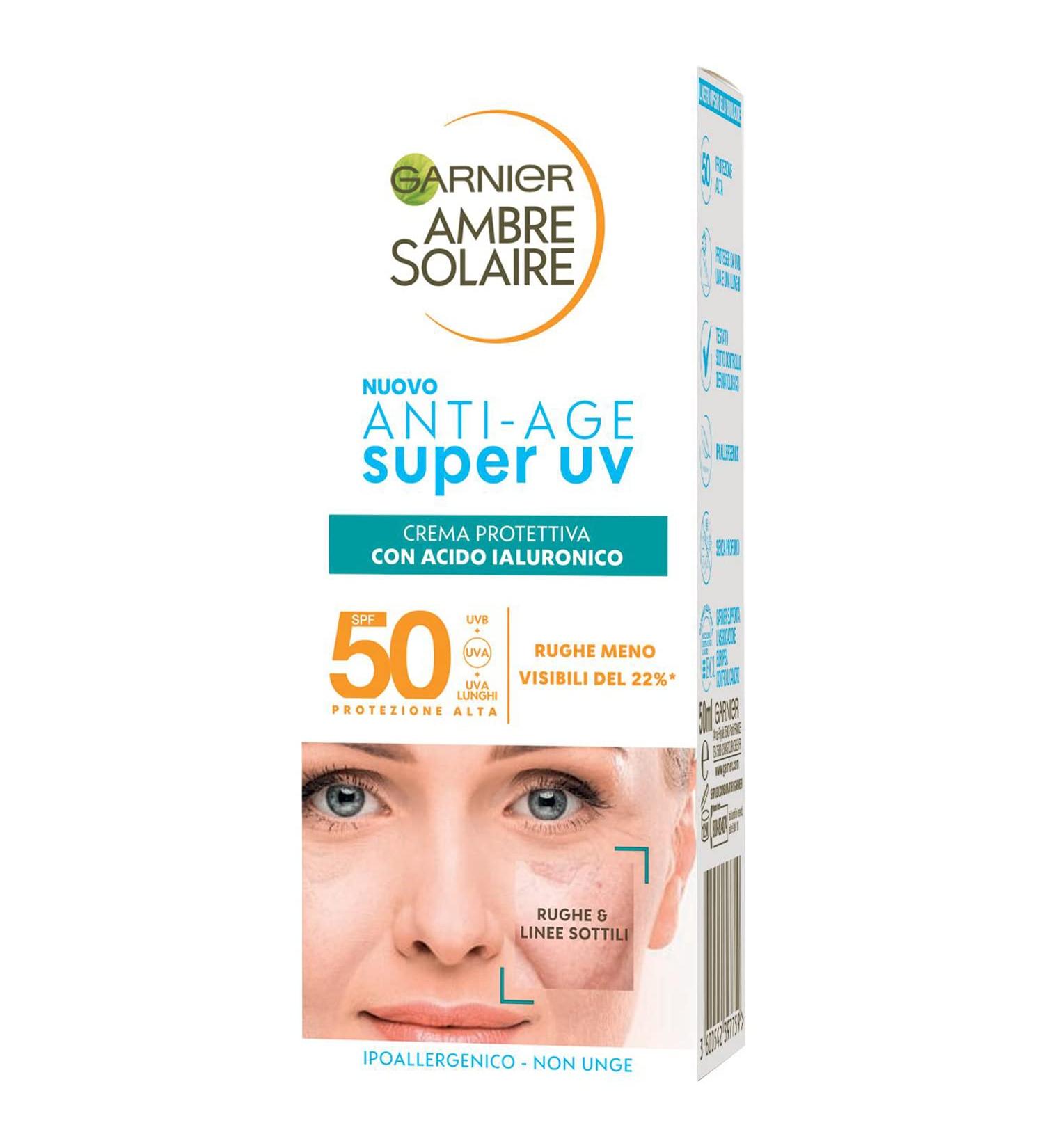 Garnier Ambre Solaire Anti-Age Super-UV protection face cream for sensitive skin SPSF 50 quickly retracting with hyaluronic acid 50 ml anti-age protection