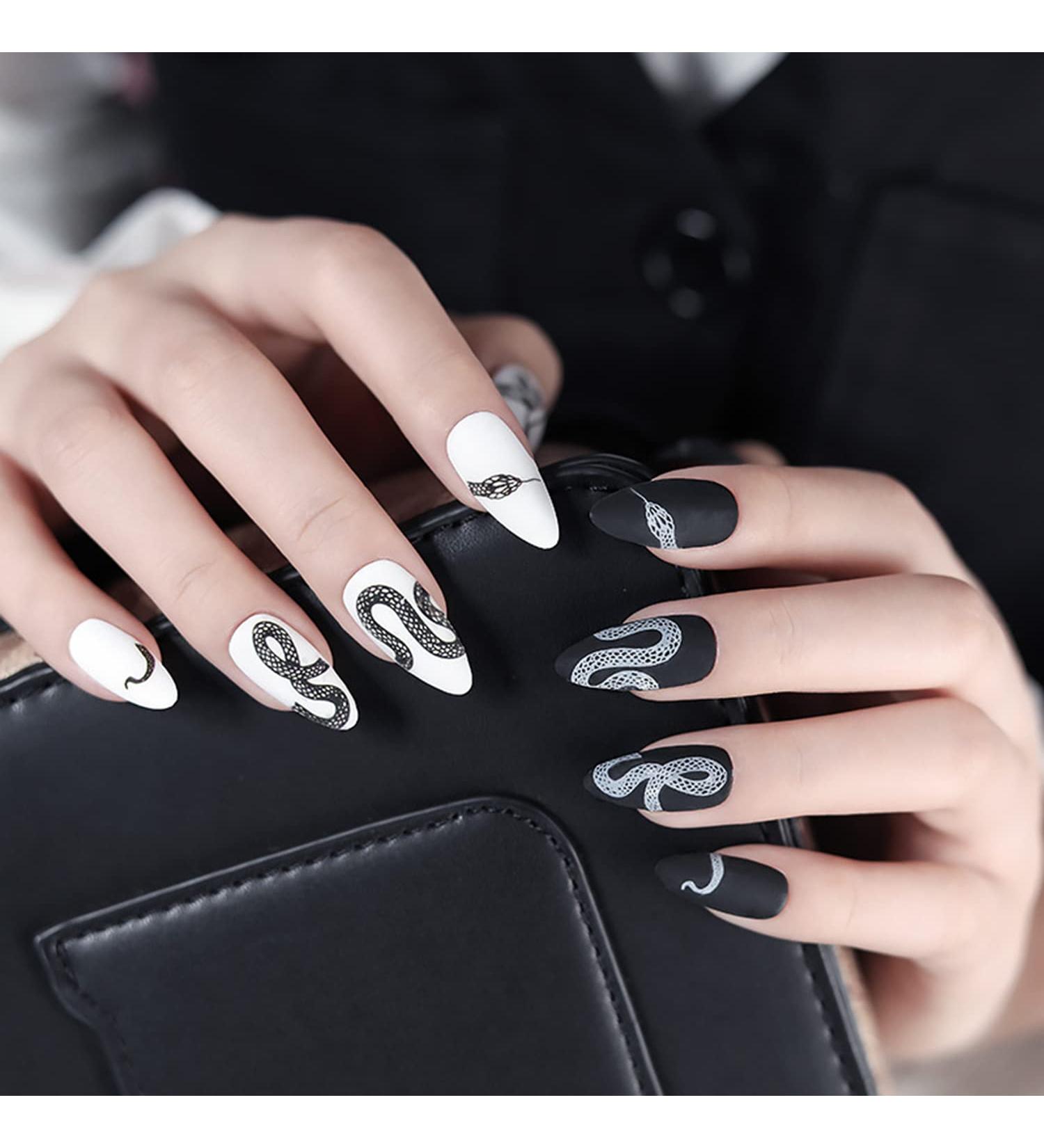 24Pcs Long Coffin Snake Fake Nails with Glue - Black/White French Tips - Buy Online on GoSupps.com
