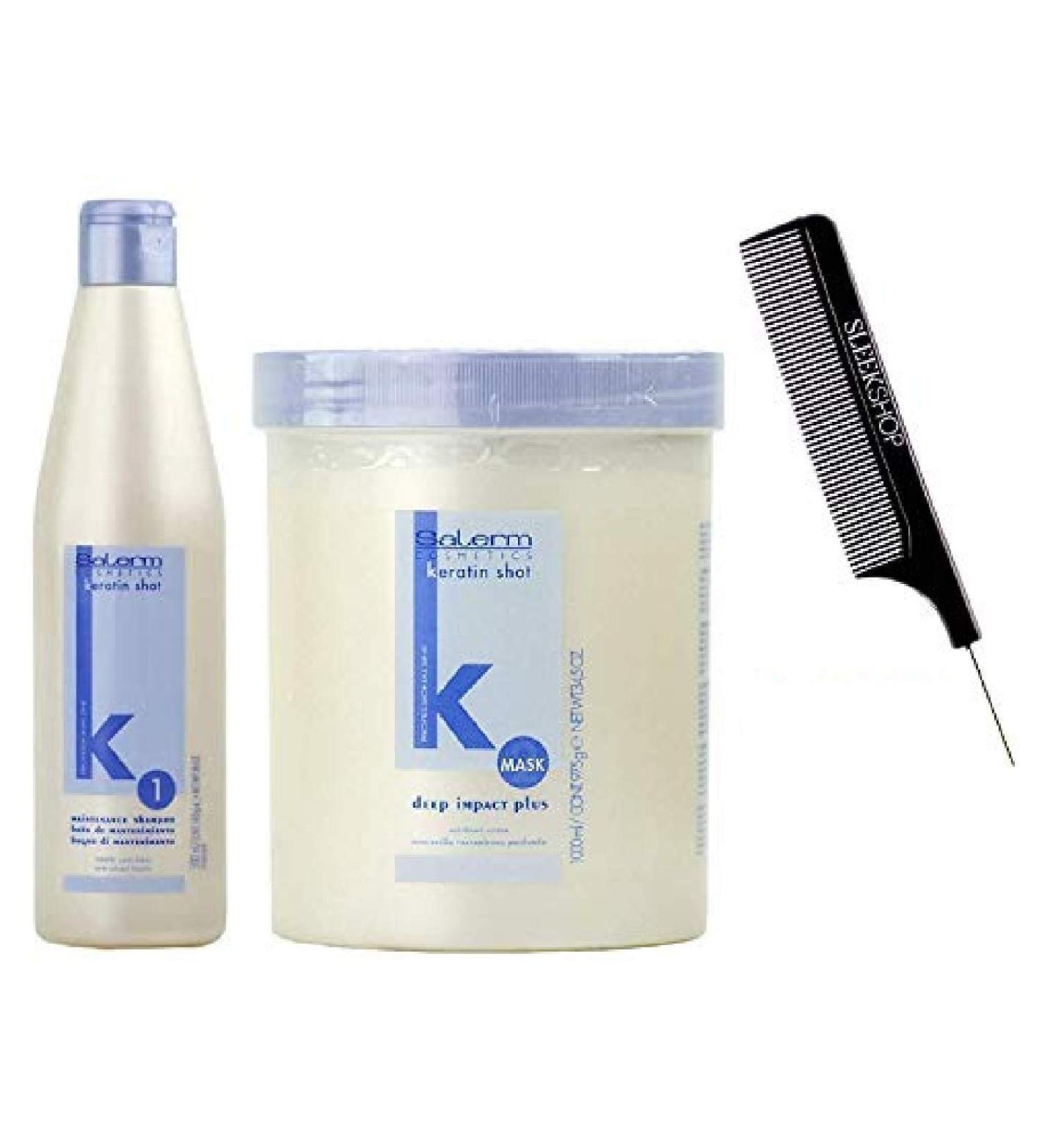 Salerm KERATIN SHOT Maintenance SHAMPOO & Deep Impact Plus Conditioner Mask DUO SET Anti Frizz Smoothing & Natural Keratin (W/Sleek Comb) (500 ml (18 oz) + 1000 ml (34.5 oz) DUO KIT)
