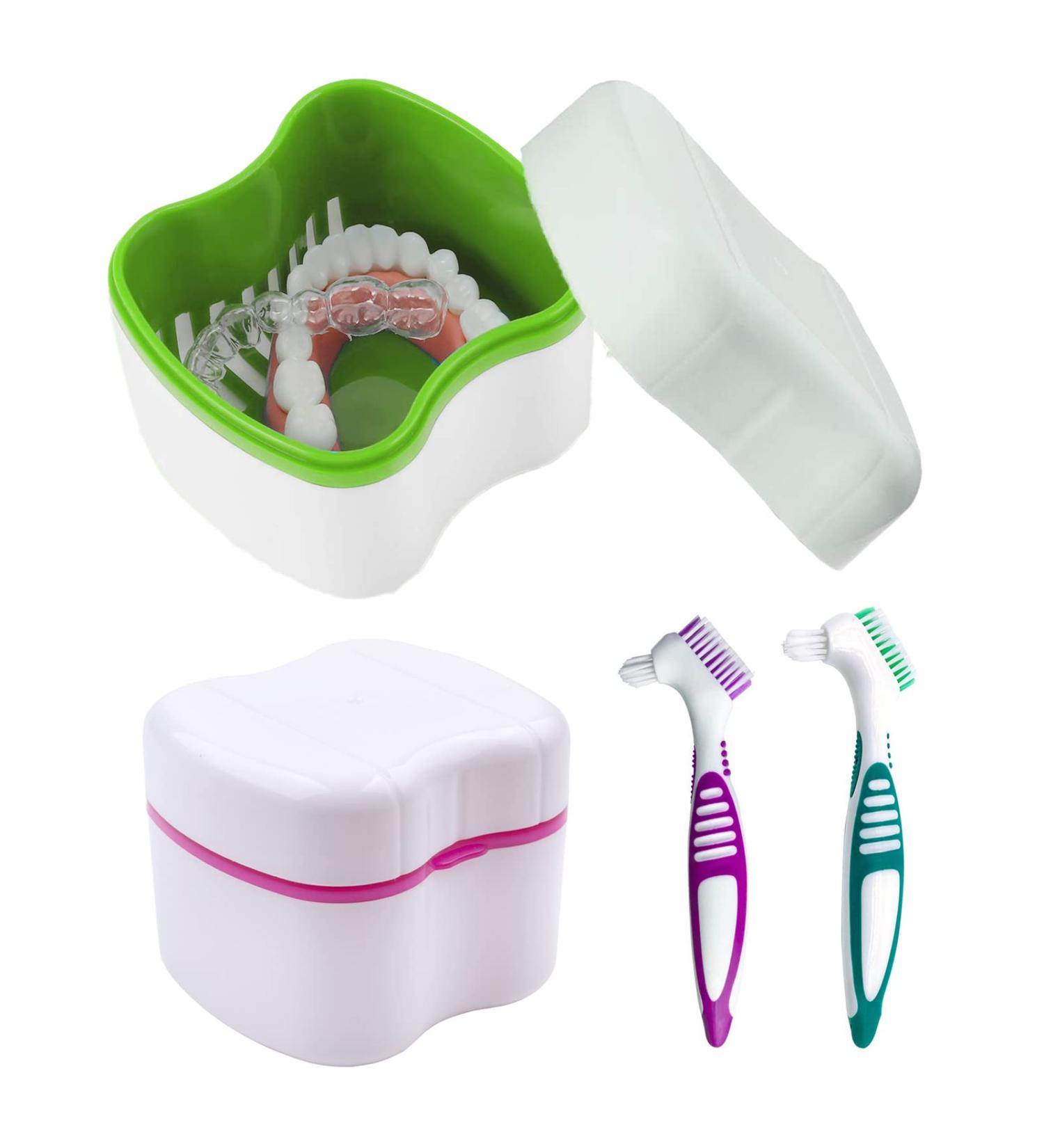 2 Dnip Dose & Prothesis Cleaning Brushes Set - Dual-Headed Braces Box with Drain Basket & Soaking Cups for Denture Storage & Cleaning - Buy Online on GoSupps.com