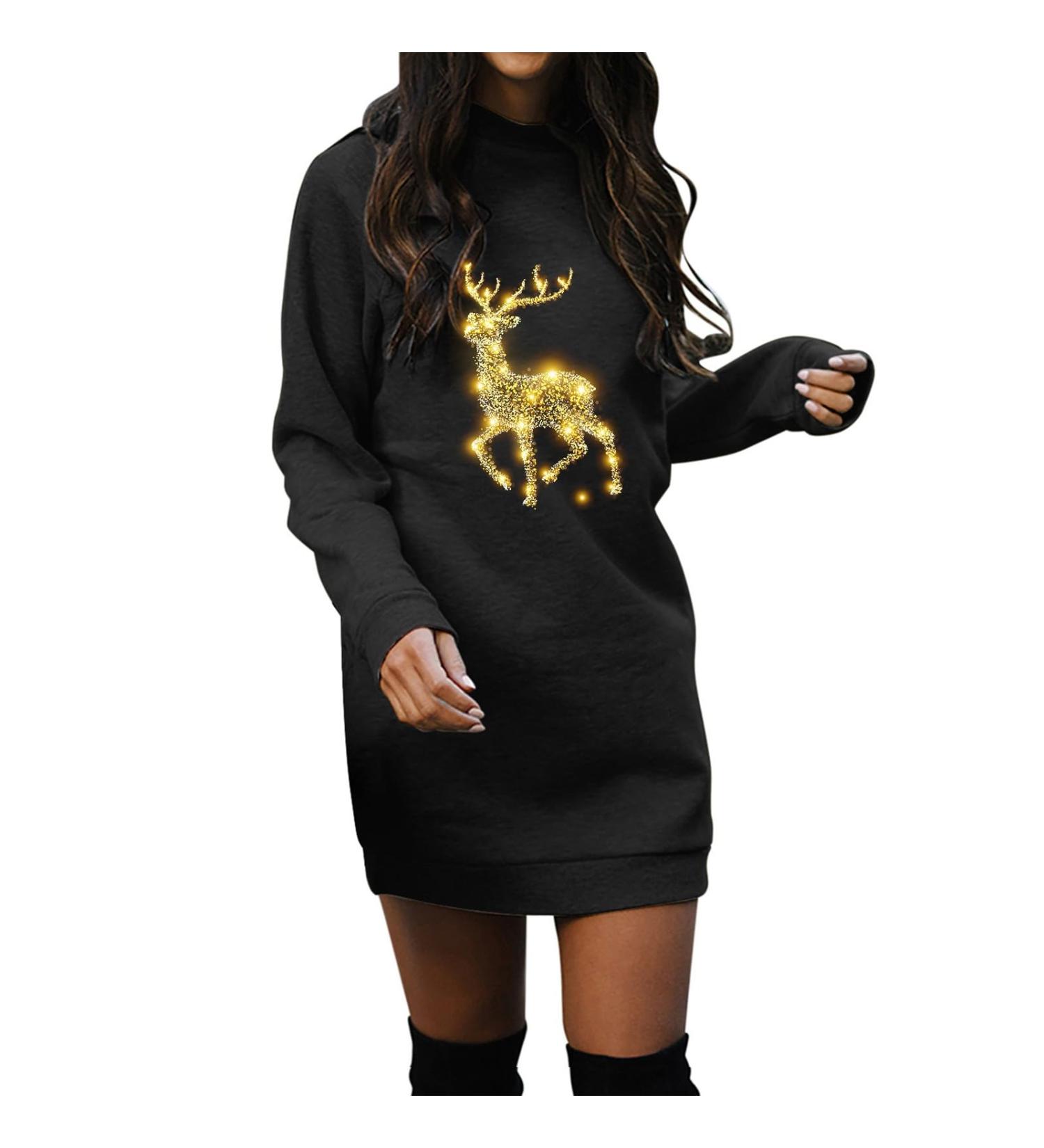Hanxiulin Women's Christmas Elk Hooded Sweater Dress - Oversized Long Sleeve Jumper for Holiday Parties - Buy Online on GoSupps.com