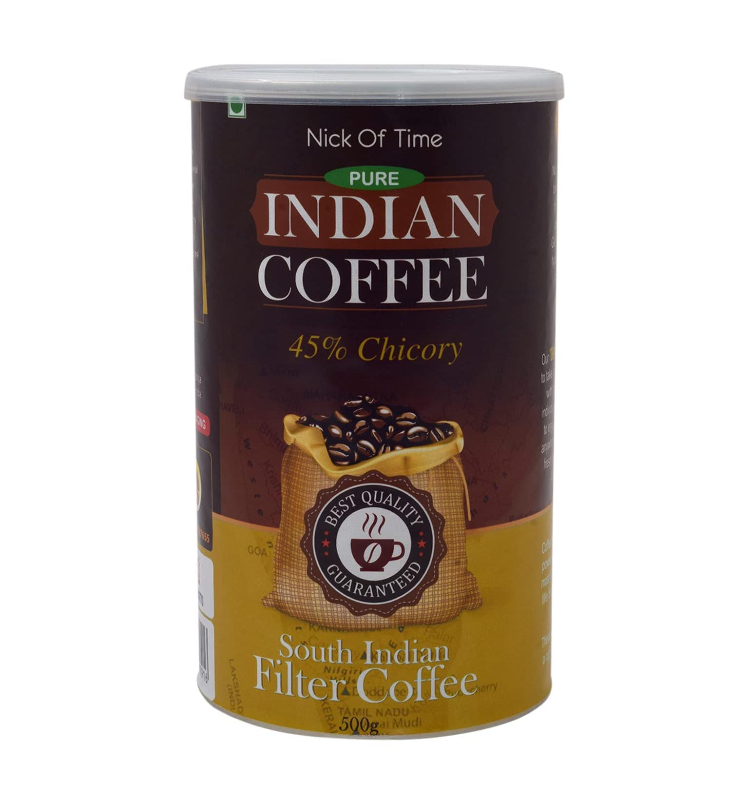 Nick Of Time South Indian Chicory Filter Coffee (55:45 Coffee Chicory Ratio) 100% Arabica AA Grade Dark Roast | Balanced Flavor & Aroma (500g|17.63 oz) - Buy Online on GoSupps.com