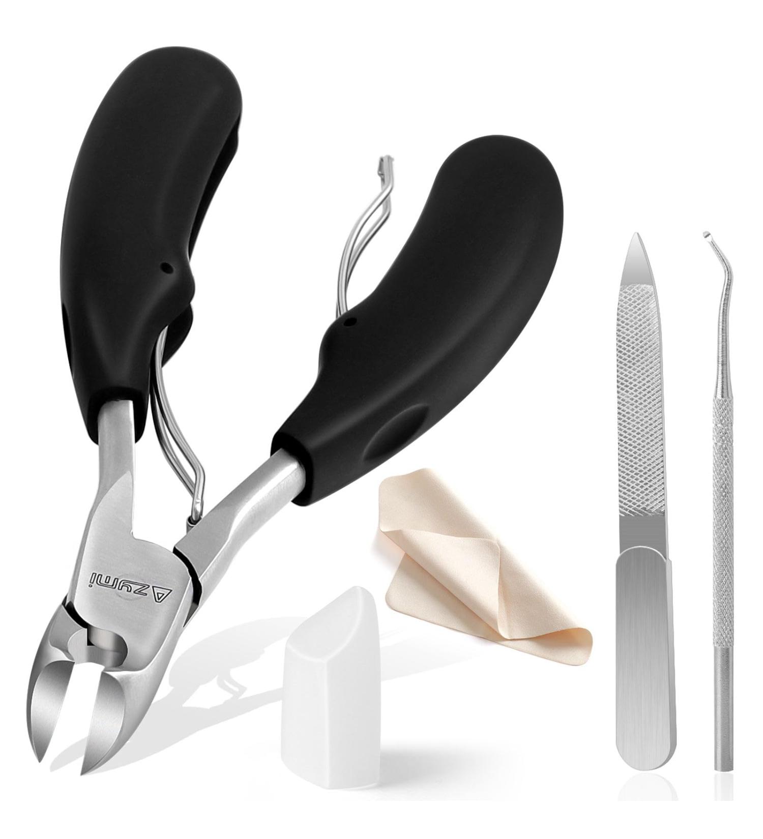 Professional Toe Nail Clippers for Thick Nails - Heavy Duty Toenail Scissors with Nail File & Hook - Sharp Curved Blades - Wide Jaw Opening - Soft Handles in Black & Silver - Buy Online on GoSupps.com