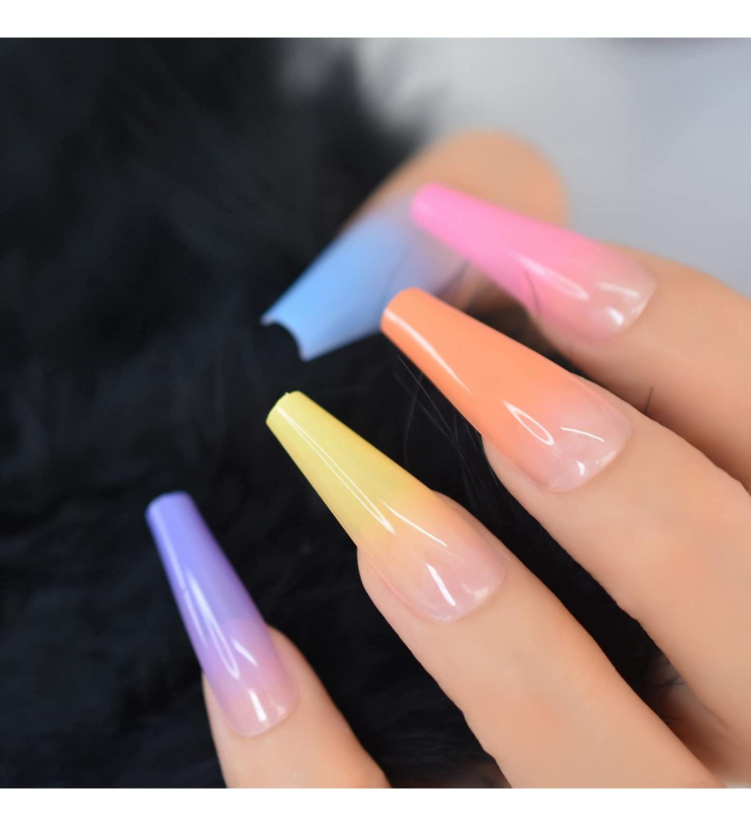 Colorful Ombre Rainbow French Coffin False Nails - Long-lasting, Reusable, Summer Shades | L5880 - Buy Online on GoSupps.com