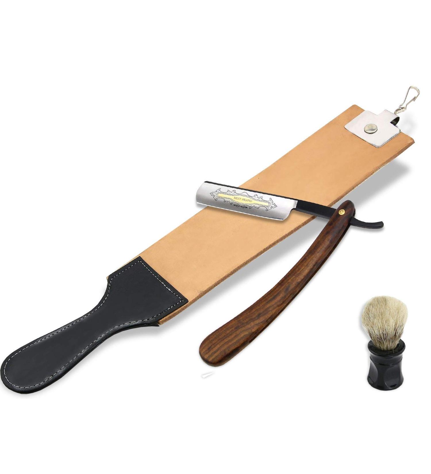 Premium 3-Piece Razor Set with Leather Strop & Shaving Brush | International Shipping Available - Buy Online on GoSupps.com
