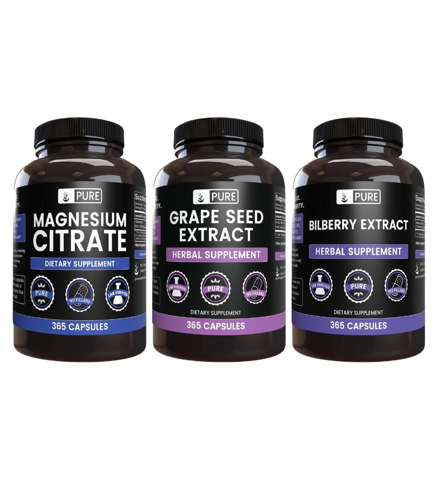 PURE ORIGINAL INGREDIENTS Grape Seed Bilberry & Magnesium Citrate Capsule Bundle (365 Capsules Each) No Magnesium or Rice Fillers - Buy Online on GoSupps.com