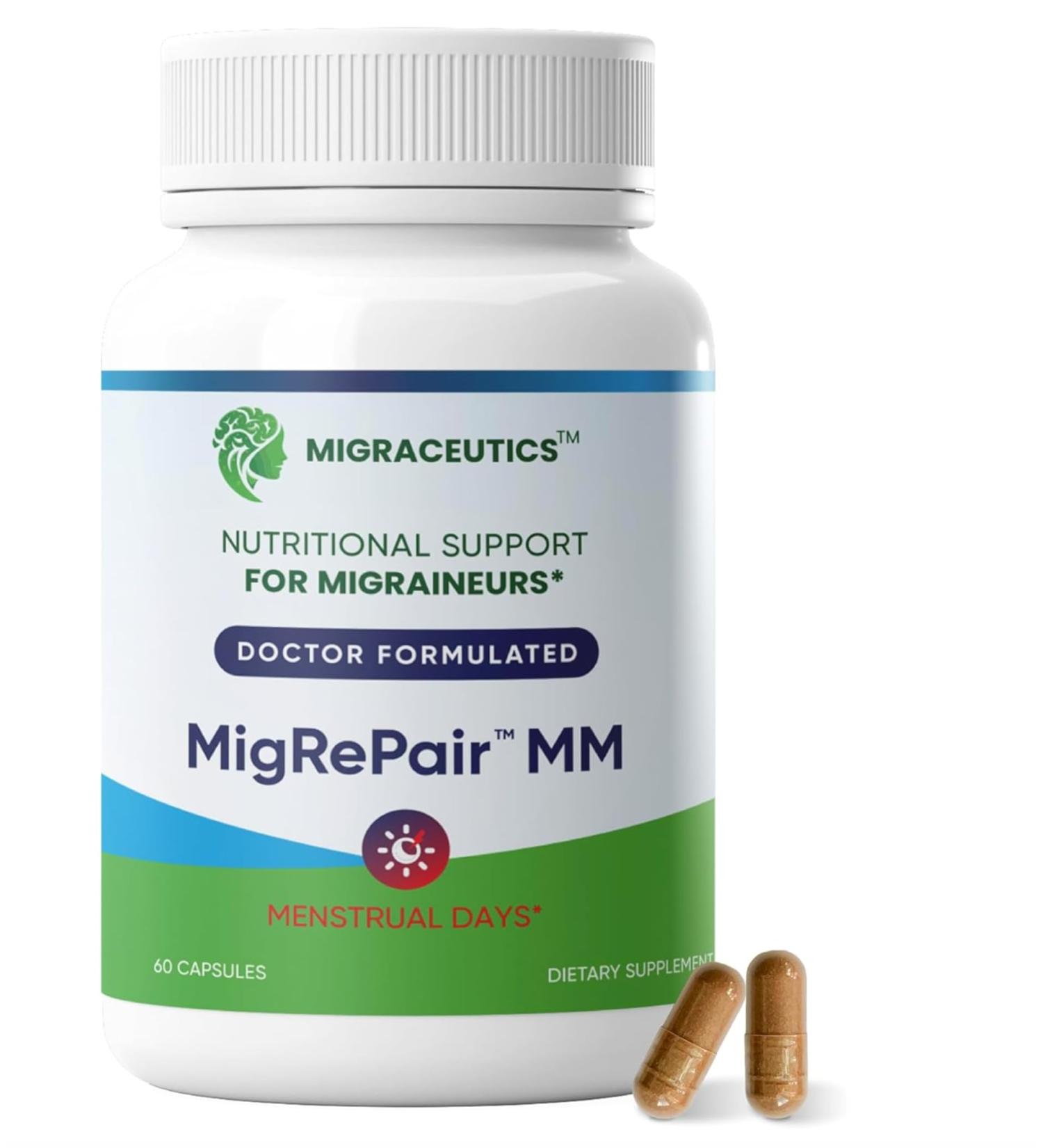 MigRePair MM Bottle of 60 - Doctor Formulated Natural Herbal Migraine Supplement for Women Menstrual Migraine Relief Hormonal Migraine Support with Feverfew White Willow Bark Pine Bark & Grape Seed Migrepair MM - 60 - Buy Online on GoSupps.com