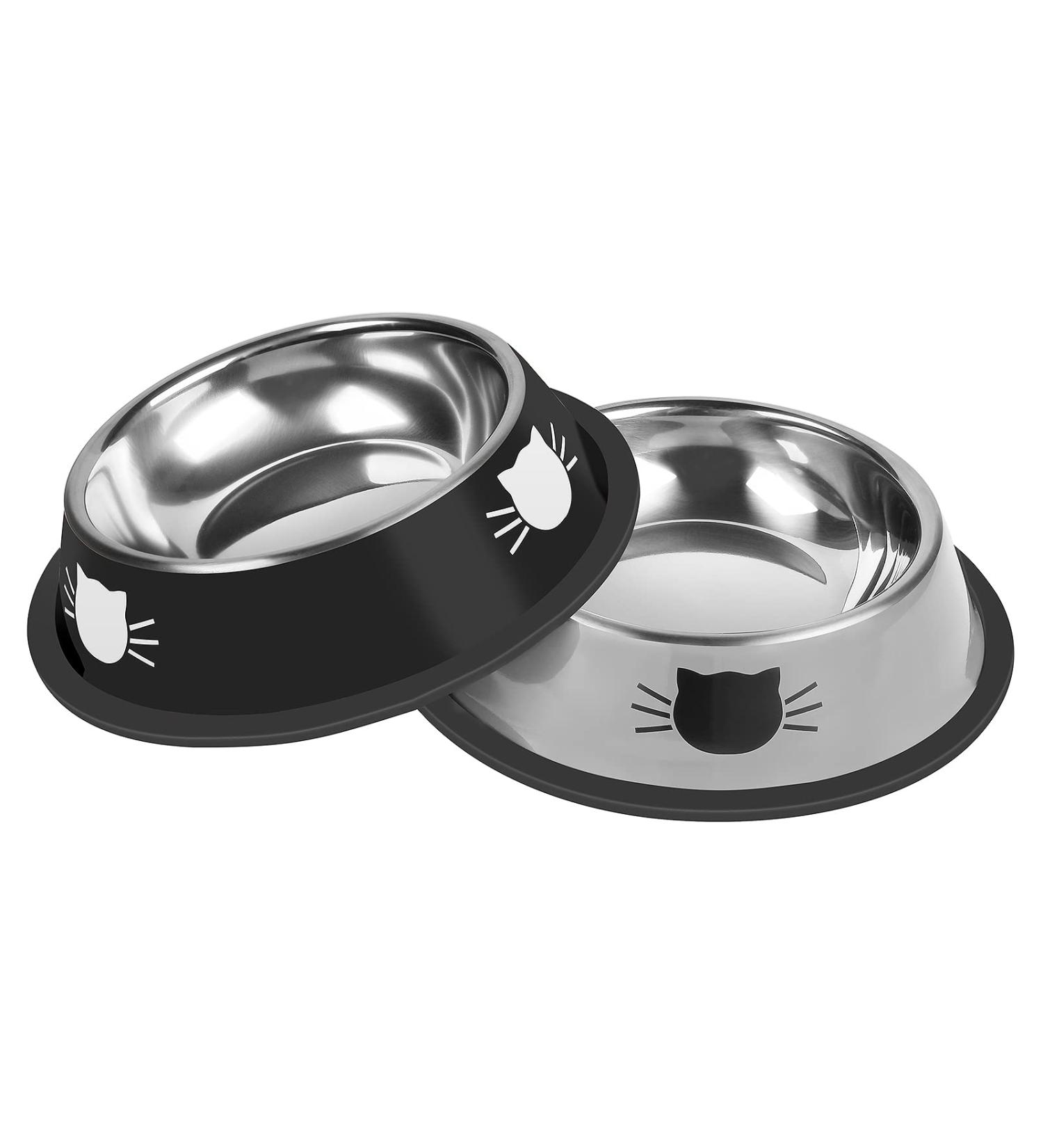 Serentive 2Pcs Cat Bowls Non-Slip Stainless Steel Small Cat Food Bowls Unbreakable Thicken Cat Feeder 7 Oz Cat Dishes Suitable for Indoor Small Pets Removable Rubber Base Easily Clean Lovely Color Black Silver - Buy Online on GoSupps.com