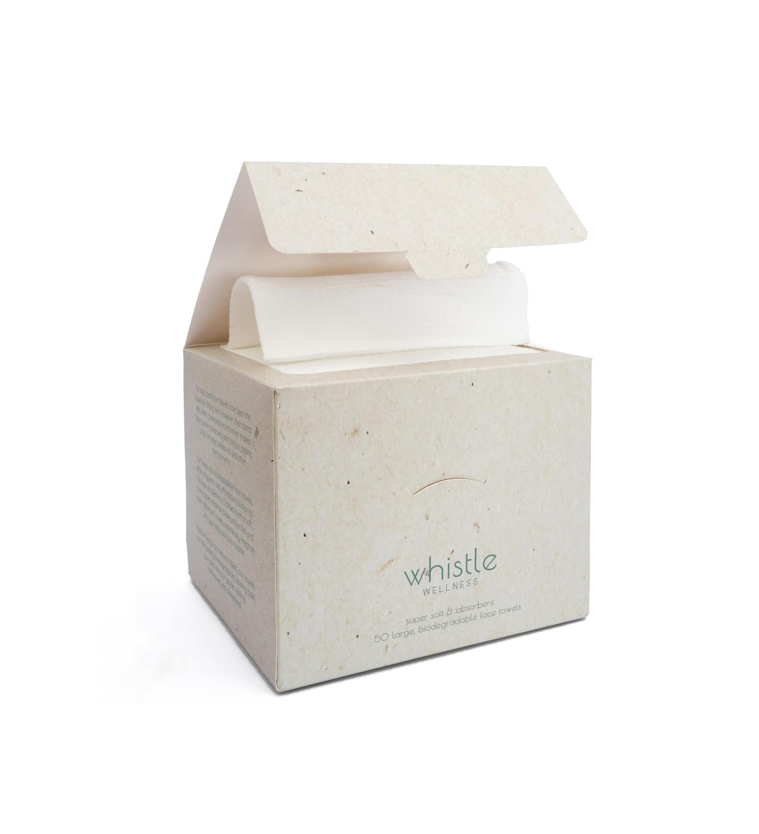 Whistle Wellness Disposable Face Towels - Biobased Ultra Soft Makeup Remover Wipes for Sensitive Skin - 50 Count Resealable Box - Buy Online on GoSupps.com