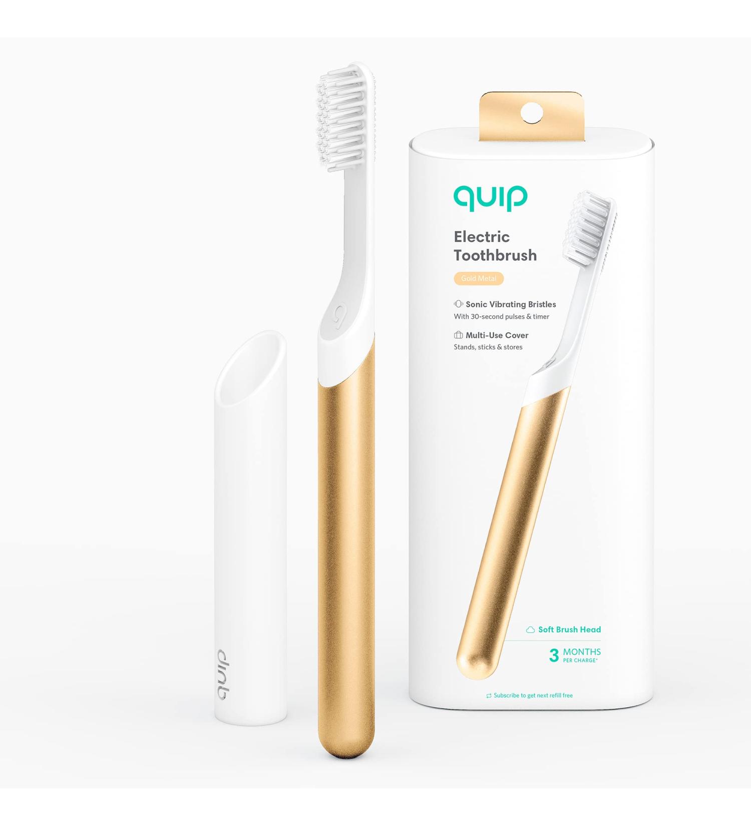 quip Gold Electric Toothbrush with Soft Bristles and Timer - Travel Cover, Mirror Mount, and Metal Handle Included - Buy Online on GoSupps.com
