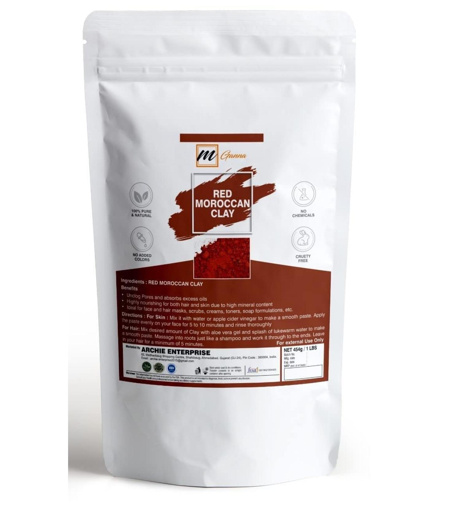 mGanna 100% Natural Moroccan Red Clay Powder 1 LBS / 454 GMS for Anti-Ageing & Skin firming Hair Masks Scrubs Creams and Soap Making - Buy Online on GoSupps.com