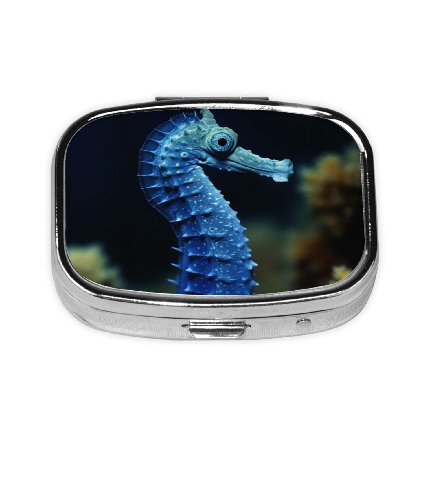 Blue Seahorse Pill Case | 2 Compartment Travel Pill Organizer | Cute Small Pill Box for Purse & Pocket Gifts - Buy Online on GoSupps.com