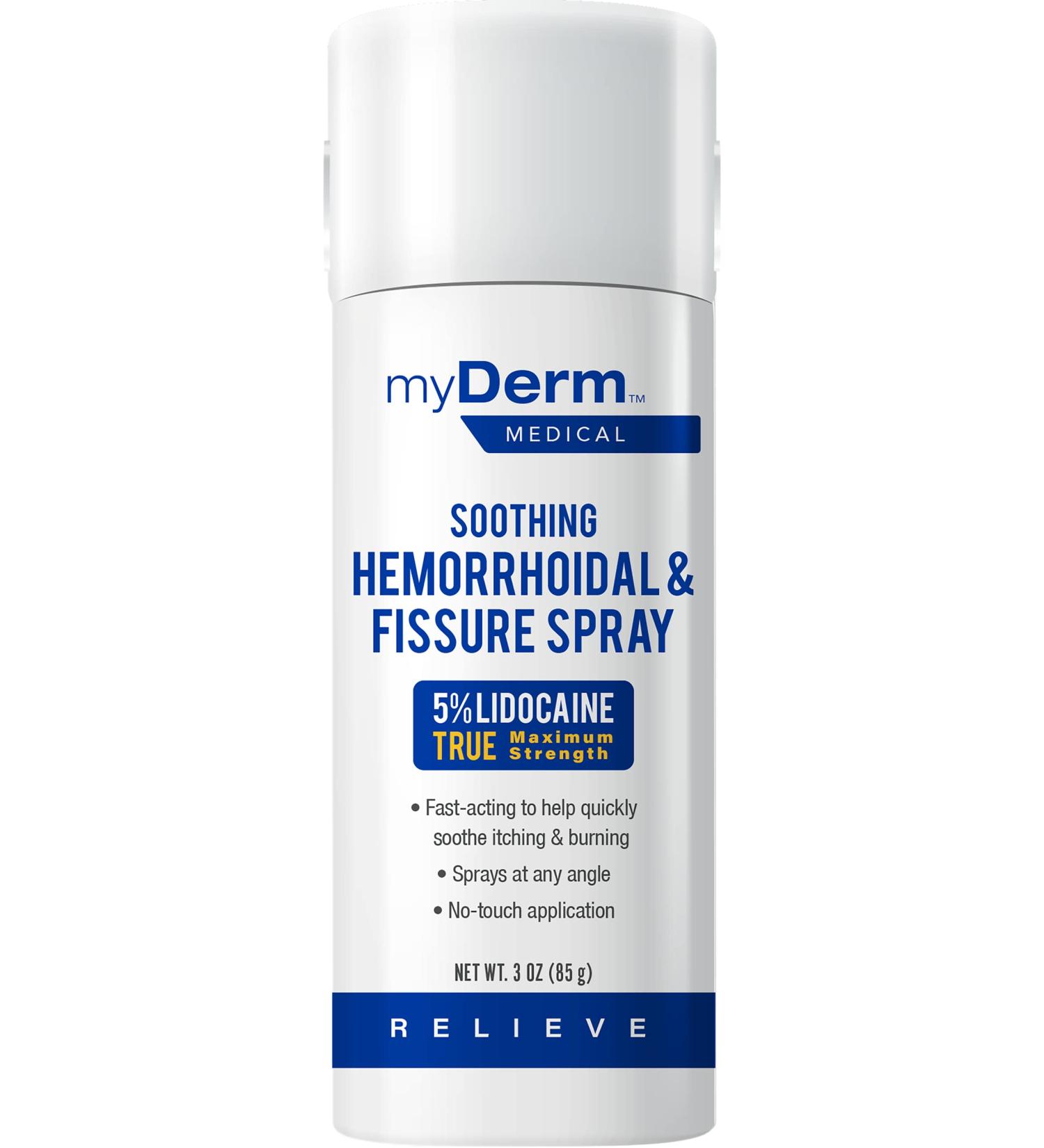 Myderm Medical Soothing Hemorrhoidal & Fissure Spray 3oz - Maximum Strength 5% Lidocaine with Phenylephrine HCl - Fast-Acting Pain Relief Spray for Hemorrhoids - Made in USA - Buy Online on GoSupps.com