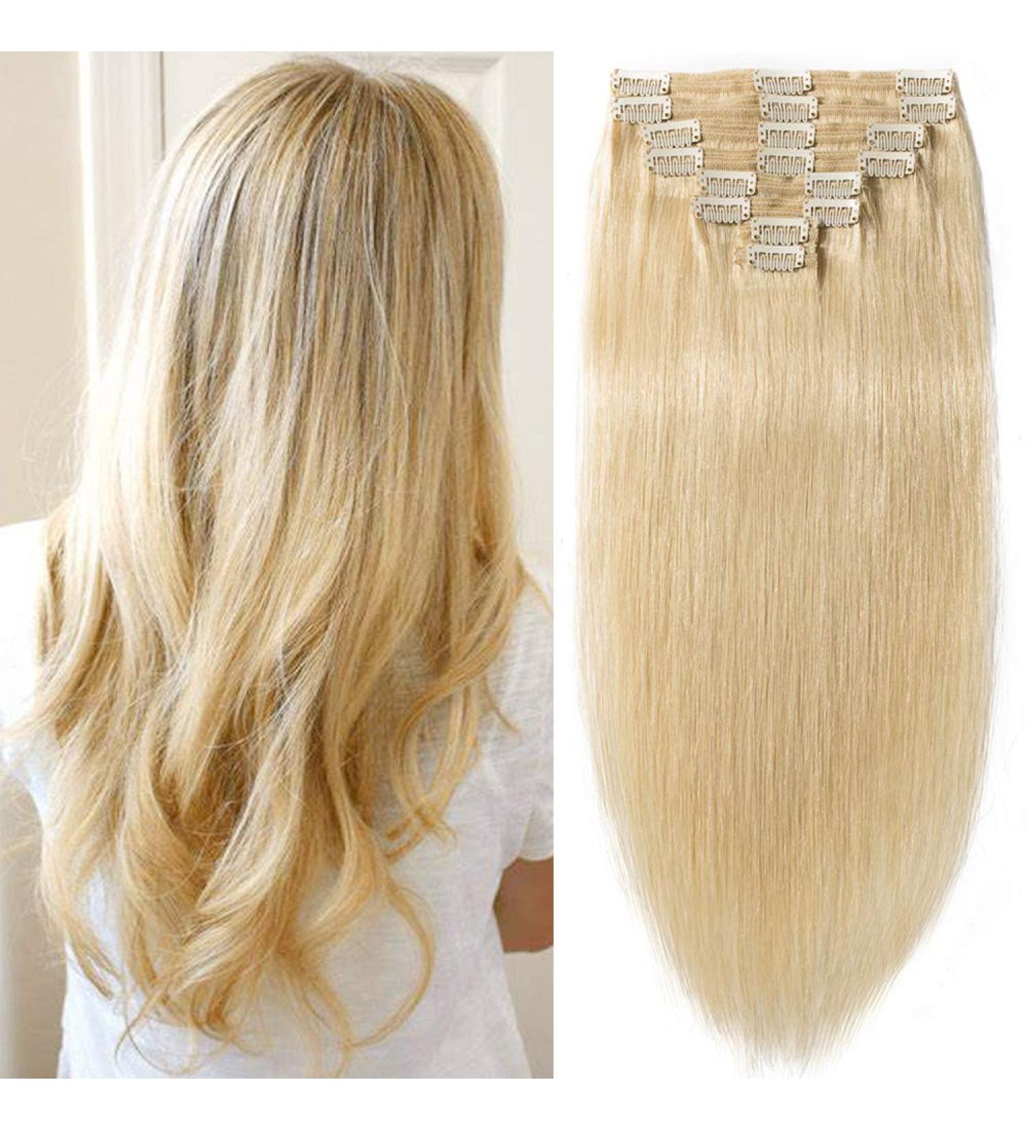 Clip In Real Hair Extensions - Double 8 Parts Heat Resistant Straight Light Blonde #613 (16/40cm 130g) - Shop Now! - Buy Online on GoSupps.com